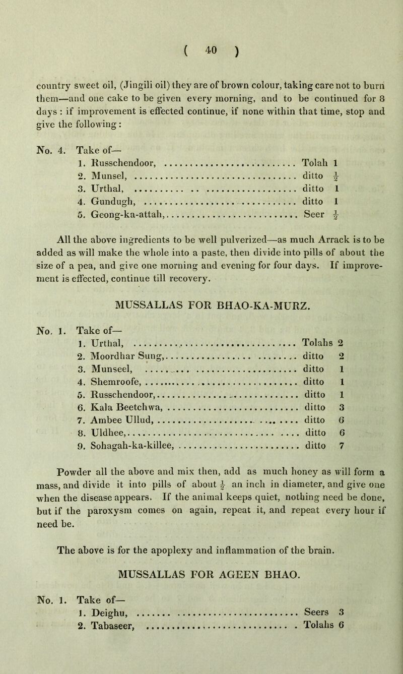 country sweet oil, (Jingili oil) they are of brown colour, taking care not to burn them—and one cake to be given every morning, and to be continued for 8 days : if improvement is effected continue, if none within that time, stop and give the following: No. 4. Take of— 1. Russchendoor, . 2. Munsel, 3. Urthal, 4. Gundugh, ... „ 5. Geong-ka-attah, Tolah 1 ditto \ ditto 1 ditto 1 Seer |- All the above ingredients to be well pulverized—as much Arrack is to be added as will make the whole into a paste, then divide into pills of about the size of a pea, and give one morning and evening for four days. If improve- ment is effected, continue till recovery. MUSSALLAS FOR BHAO-KA-MURZ. No. 1. Take of— ]. Urthal, Tolahs 2 2. Moordhar Sung, ,. ditto 2 3. Munseel, ditto 1 4. Shemroofe, ditto 1 5. Russchendoor, ditto 1 6. Kala Beetchwa, ditto 3 7. Ambee Ullud, ditto 6 8. Uldhee, ditto 6 9. Sohagah-ka-killee, ditto 7 Powder all the above and mix then, add as much honey as will form a mass, and divide it into pills of about an inch in diameter, and give one when the disease appears. If the animal keeps quiet, nothing need be done, but if the paroxysm comes on again, repeat it, and repeat every hour if need be. The above is for the apoplexy and inflammation of the brain. MUSSALLAS FOR AGEEN BHAO. No. 1. Take of— J. Deighu, Seers 3 2. Tabaseer, Tolahs 6