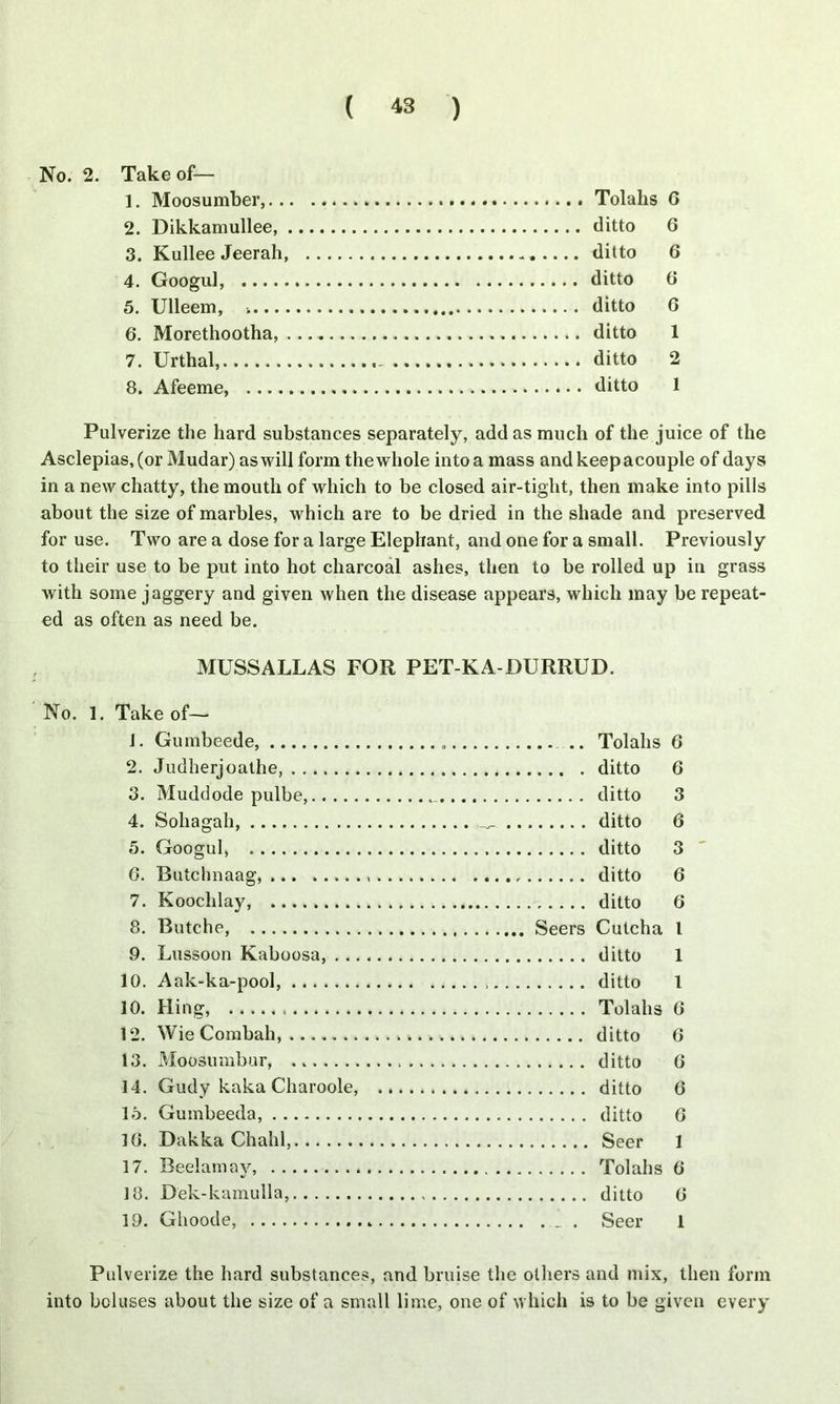 No. 2. Take of— 1. Moosumber,. . 2. Dikkamullee, . 3. Kullee Jeerah, 4. Googul, 5. Ulleem, ..... 6. Morethootha, . 7. Urthal, 8. Afeeme, .... Tolahs G ditto G ...... ditto 6 ditto G ditto 6 ditto 1 ditto 2 ditto 1 Pulverize the hard substances separately, add as much of the juice of the Asclepias,(or Mudar) as will form the whole into a mass andkeepacouple of days in a new chatty, the mouth of which to be closed air-tight, then make into pills about the size of marbles, which are to be dried in the shade and preserved for use. Two are a dose for a large Elephant, and one for a small. Previously to their use to be put into hot charcoal ashes, then to be rolled up in grass with some jaggery and given when the disease appears, which may be repeat- ed as often as need be. MUSSALLAS FOR PET-KA-DURRUD. No. 1. Take of— J. Gumbeede, 2. Judherjoathe, 3. Muddode pulbe, 4. Sohagah, ditto 6 5. Googul, G. Butchnaag, 7. Kooclilay, 8. Butche, 9. Lussoon Kaboosa, 10. Aak-ka-pool, 10. Ring, 12. Wie Combah, 13. Moosumbur, 14. Gudy kaka Charoole, ... lb. Gumbeeda, 1G. Dakka Chahl, 17. Beelamay, 18. Dek-kamulla, 19. Ghoode, Pulverize the hard substances, and bruise the others and mix, then form into boluses about the size of a small lime, one of which is to be given every