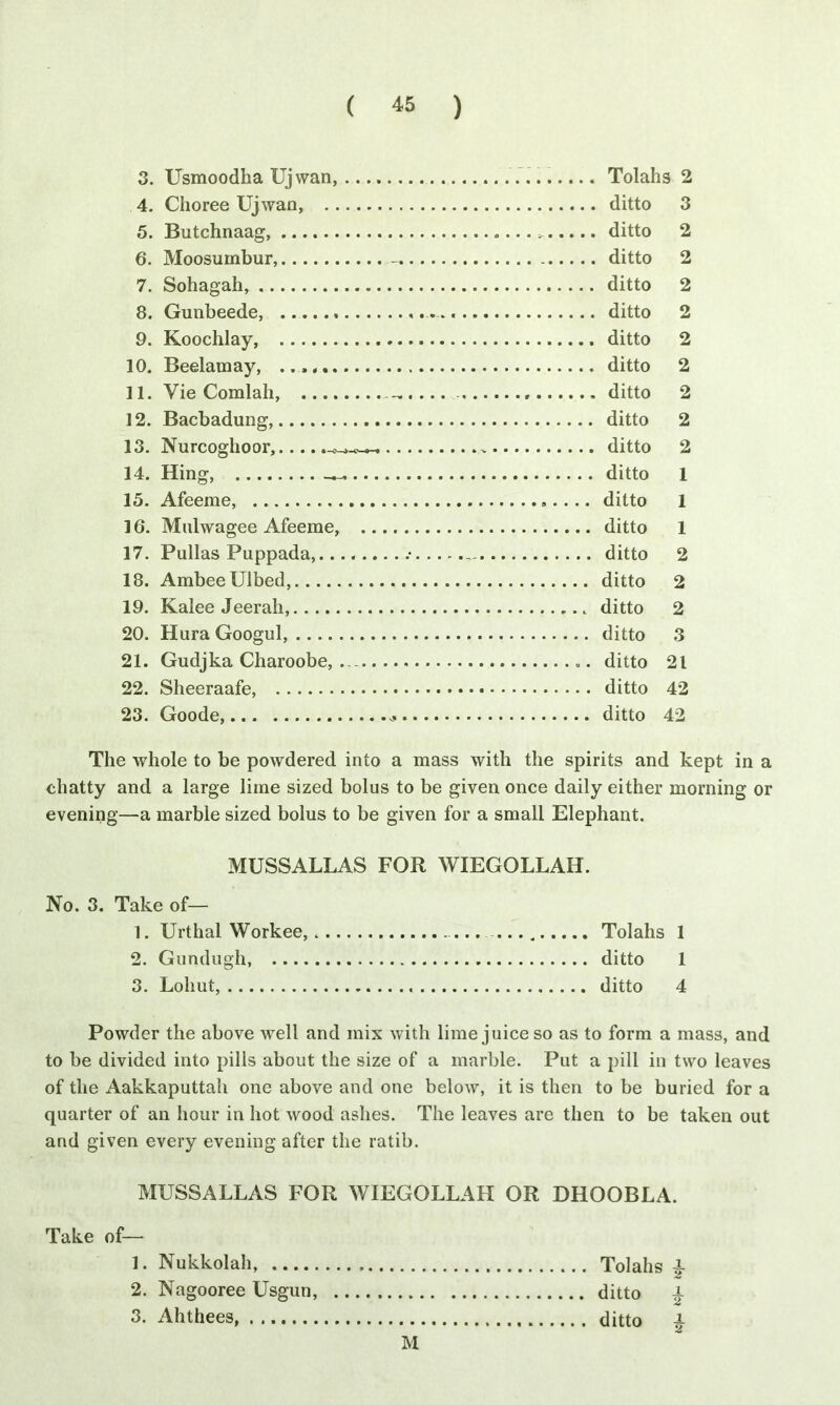 ( « ) 3. Usmoodha Ujwan, Tolahs 2 4. Choree Ujwan, ditto 3 5. Butchnaag, ditto 2 6. Moosumbur, - ditto 2 7. Sohagah, ditto 2 8. Gunbeede, ditto 2 9. Koochlay, ditto 2 10. Beelatnay, ditto 2 11. Vie Comlah, ...... ditto 2 12. Bacbadung, ditto 2 13. Nurcoglioor,.... ditto 2 14. Hing, ditto 1 15. Afeeme, ditto 1 16. Mulwagee Afeeme, ditto 1 17. Pullas Puppada, .* ditto 2 18. AmbeeUlbed, ditto 2 19. Kalee Jeerah, ditto 2 20. HuraGoogul, ditto 3 21. Gudjka Charoobe, ditto 21 22. Sheeraafe, ditto 42 23. Goode, ditto 42 The whole to be powdered into a mass with the spirits and kept in a chatty and a large lime sized bolus to be given once daily either morning or evening—a marble sized bolus to be given for a small Elephant. MUSSALLAS FOR WIEGOLLAH. No. 3. Take of— 1. Urthal Workee, Tolahs 1 2. Gundugh, ditto 1 3. Lohut, ditto 4 Powder the above well and mix with lime juice so as to form a mass, and to be divided into pills about the size of a marble. Put a pill in two leaves of the Aakkaputtah one above and one below, it is then to be buried for a quarter of an hour in hot wood ashes. The leaves are then to be taken out and given every evening after the ratib. MUSSALLAS FOR WIEGOLLAH OR DHOOBLA. Take of— 1. Nukkolah, Tolahs i 2. Nagooree Usgun, ditto i 3. Ahthees, ditto £