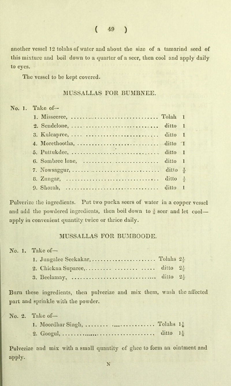 another vessel 12 tolalis of water and about the size of a tamarind seed of this mixture and boil down to a quarter of a seer, then cool and apply daily to eyes. The vessel to be kept covered. MUSSALLAS FOR BUMBNEE. No. 1. Take of— 1. Misseeree, Tolali 1 2. Sendelone, ditto 1 3. Kulcapree, ...... ditto 1 4. Morethootha, ditto 1 5. Puttukdee, ditto 1 6. Sombree lone, ditto 1 7. Nowsaggur, ditto J 8. Zungar, ditto ^ 9. Sliorah, ditto 1 Pulverize the ingredients. Put two pucka seers of water in a copper vessel and add the powdered ingredients, then boil down to f seer and let cool— apply in convenient quantity twice or thrice daily. MUSSALLAS FOR BUMBOODE. No. 1. Take of—• 1. Jungalee Seekakar, Tolahs 2^- 2. Chickna Suparee, ditto 2^ 3. Beelamay, ditto 2|- Burn these ingredients, then pulverize and mix them, wash the affected part and sprinkle with the powder. No. 2. Take of— 1. Moordhar Singh, Tolahs 2. Googul, ditto 1^ Pulverize and mix with a small quantity of ghee to form an ointment and apply. N