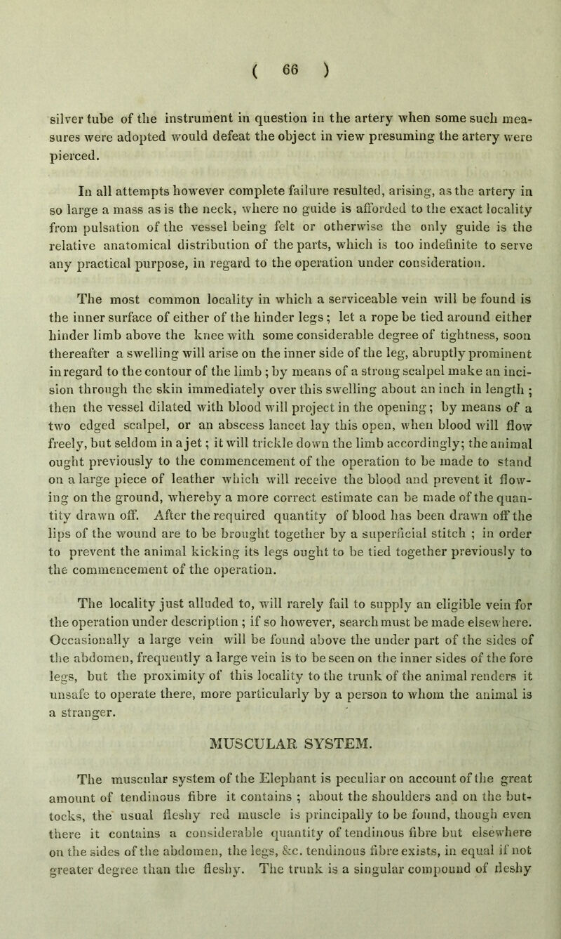 silver tube of the instrument in question in the artery when some such mea- sures were adopted would defeat the object in view presuming the artery were pierced. In all attempts however complete failure resulted, arising, as the artery in so large a mass as is the neck, where no guide is afforded to the exact locality from pulsation of the vessel being felt or otherwise the only guide is the relative anatomical distribution of the parts, which is too indefinite to serve any practical purpose, in regard to the operation under consideration. The most common locality in which a serviceable vein will be found is the inner surface of either of the hinder legs; let a rope be tied around either hinder limb above the knee with some considerable degree of tightness, soon thereafter a swelling will arise on the inner side of the leg, abruptly prominent in regard to the contour of the limb ; by means of a strong scalpel make an inci- sion through the skin immediately over this swelling about an inch in length ; then the vessel dilated with blood will project in the opening; by means of a two edged scalpel, or an abscess lancet lay this open, when blood will flow freely, but seldom in a jet; it will trickle down the limb accordingly; the animal ought previously to the commencement of the operation to be made to stand on a large piece of leather which will receive the blood and prevent it flow- ing on the ground, whereby a more correct estimate can be made of the quan- tity drawn off. After the required quantity of blood has been drawn off the lips of the wound are to be brought together by a superficial stitch ; in order to prevent the animal kicking its legs ought to be tied together previously to the commencement of the operation. The locality just alluded to, will rarely fail to supply an eligible vein for the operation under description ; if so however, search must be made elsewhere. Occasionally a large vein will be found above the under part of the sides of the abdomen, frequently a large vein is to be seen on the inner sides of the fore legs, but the proximity of this locality to the trunk of the animal renders it unsafe to operate there, more particularly by a person to whom the animal is a stranger. MUSCULAR SYSTEM. The muscular system of the Elephant is peculiar on account of the great amount of tendinous fibre it contains ; about the shoulders and on the but- tocks, the usual fleshy red muscle is principally to be found, though even there it contains a considerable quantity of tendinous fibre but elsewhere on the sides of the abdomen, the legs, &c. tendinous fibre exists, in equal if not greater degree than the fleshy. The trunk is a singular compound of fleshy