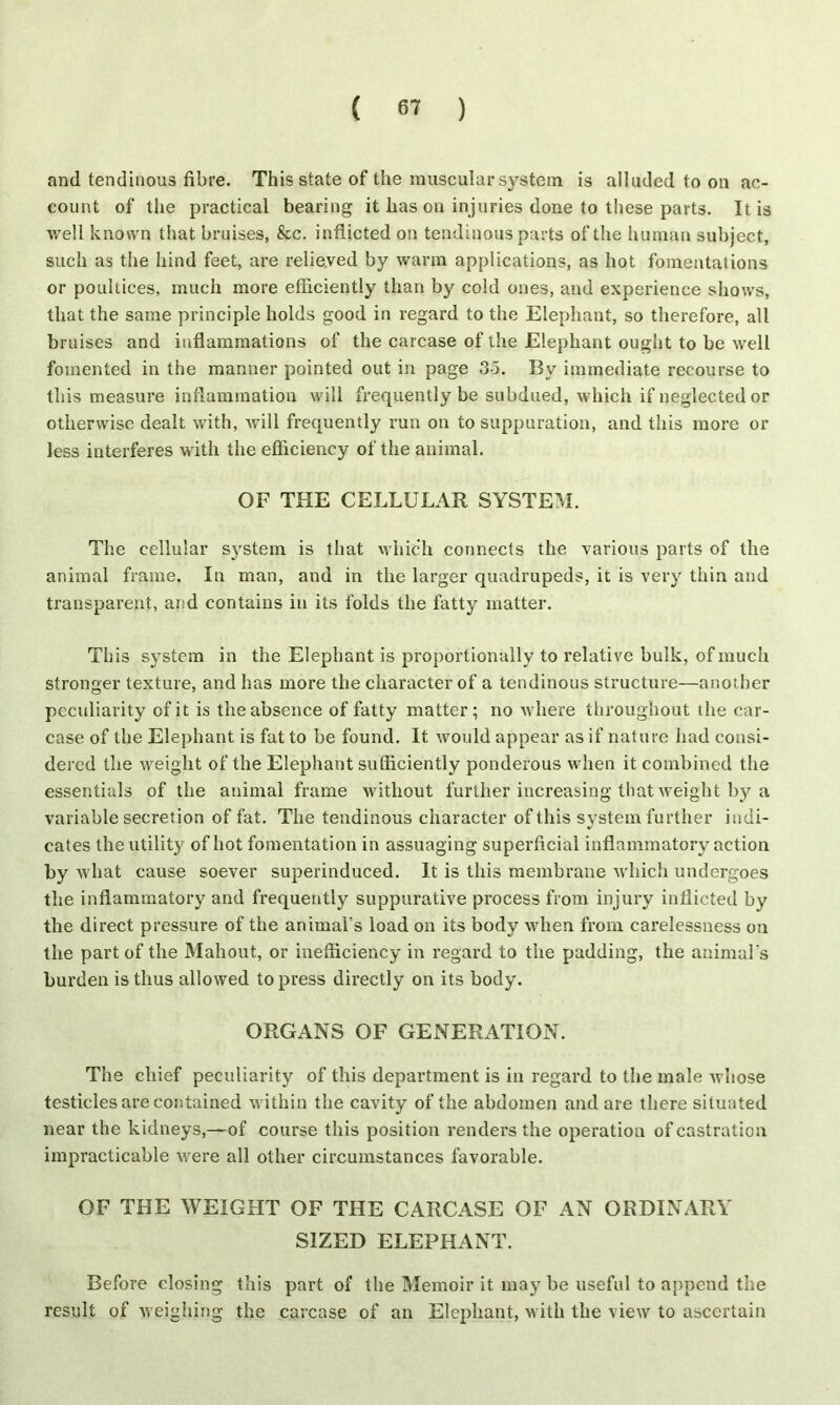 and tendinous fibre. This state of the muscular system is alluded to on ac- count of the practical bearing it has on injuries done to these parts. It is well known that bruises, &c. inflicted on tendinous parts of the human subject, such as the hind feet, are relieved by warm applications, as hot fomentations or poultices, much more efficiently than by cold ones, and experience shows, that the same principle holds good in regard to the Elephant, so therefore, all bruises and inflammations of the carcase of the Elephant ought to be well fomented in the manner pointed out in page 3-5. By immediate recourse to this measure inflammation will frequently be subdued, which if neglected or otherwise dealt with, will frequently run on to suppuration, and this more or less interferes with the efficiency of the animal. OF THE CELLULAR SYSTEM. The cellular system is that which connects the various parts of the animal frame. In man, and in the larger quadrupeds, it is very thin and transparent, and contains in its folds the fatty matter. This sj^stcm in the Elephant is proportionally to relative bulk, of much stronger texture, and has more the character of a tendinous structure—another peculiarity of it is the absence of fatty matter; no where throughout the car- case of the Elephant is fat to be found. It would appear as if nature had consi- dered the weight of the Elephant sufficiently ponderous when it combined the essentials of the animal frame without further increasing that weight by a variable secretion of fat. The tendinous character of this system further indi- cates the utility of hot fomentation in assuaging superficial inflammatory action by what cause soever superinduced. It is this membrane which undergoes the inflammatory and frequently suppurative process from injury inflicted by the direct pressure of the animal's load on its body when from carelessness on the part of the Mahout, or inefficiency in regard to the padding, the animal’s burden is thus allowed to press directly on its body. ORGANS OF GENERATION. The chief peculiarity of this department is in regard to the male whose testicles are contained within the cavity of the abdomen and are there situated near the kidneys,—of course this position renders the operation of castration impracticable were all other circumstances favorable. OF THE WEIGHT OF THE CARCASE OF AN ORDINARY SIZED ELEPHANT. Before closing this part of the Memoir it may be useful to append the result of weighing the carcase of an Elephant, with the view to ascertain