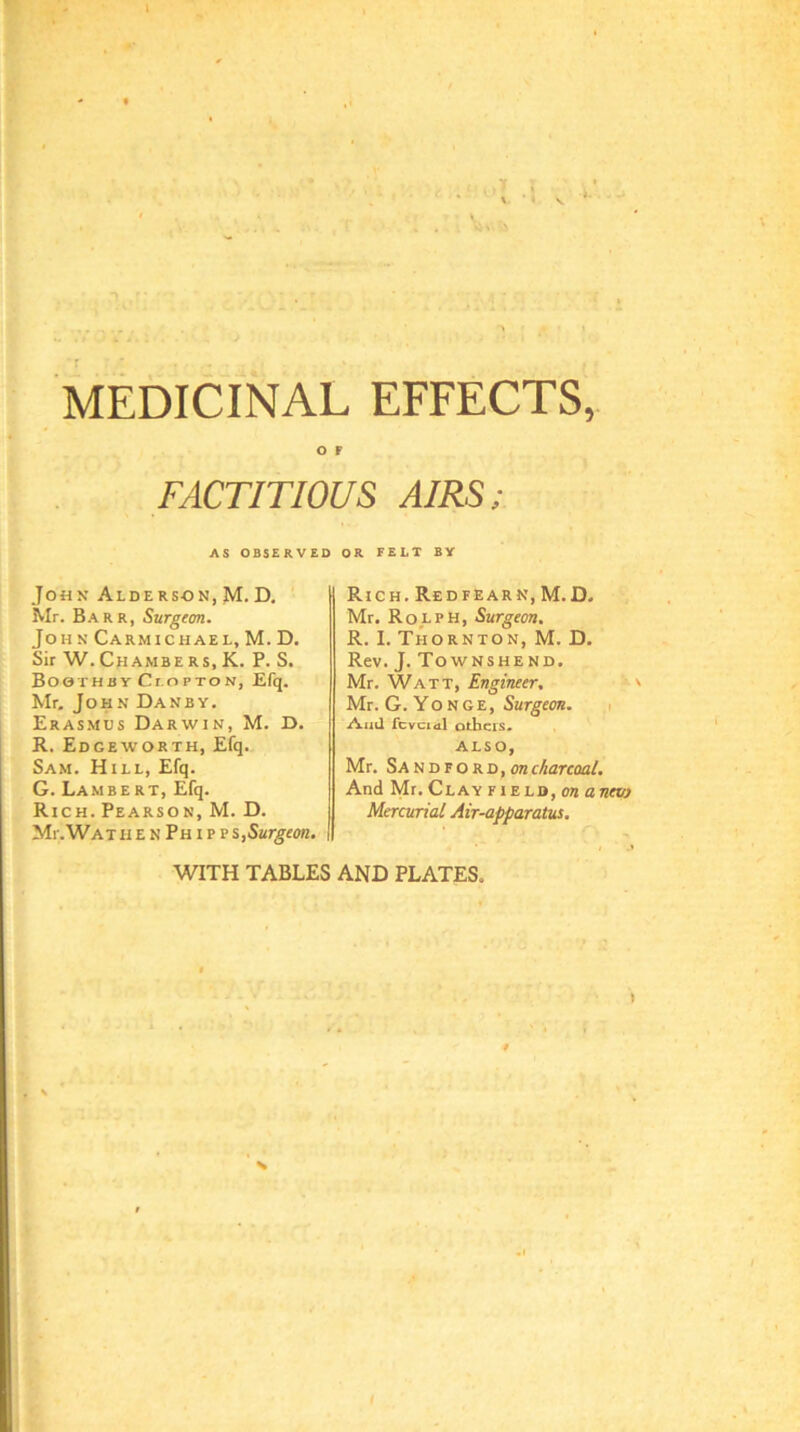 f I MEDICINAL EFFECTS, O f FACTITIOUS AIRS; AS OBSERVED OR FELT BY John Alderson, M. D. Mr. B.\rr, Surgeon. John Carmichael, M. D. Sir W.Chambers,K. P. S. Boothby Ci.opTON, Efq. Mr. John Danby. Eras.mus Darwin, M. D. R. Edgeworth, Efq. Sam. Hill, Efq. G. Lambert, Efq. Rich. Pearson, M. D. Mi’.Wat H E N Ph I p p s,S«rjjr<»z. Rich. Re DEBAR N, M.D. Mr. Rolph, Surgeon, R. I. Thornton, M. D. Rev. J. Townshend. Mr. Watt, Engineer, Mr. G. Yo N GE, Surgeon. ,i And fcvciiil others* ALSO, Mr. Sandford,obcharcoal. And Mr.Clay field, <m anevj Mercurial Air-apparatus, WITH TABLES AND PLATES. \