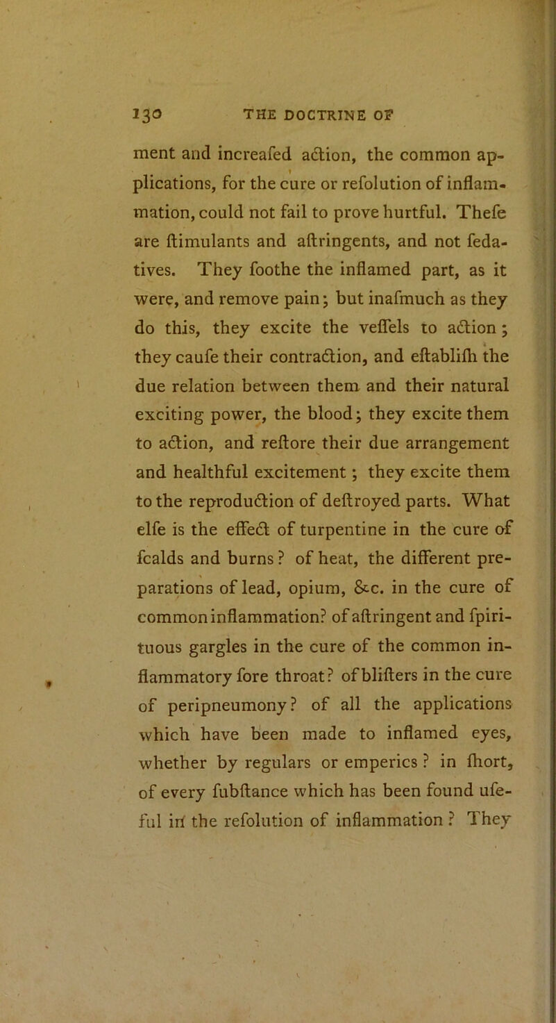 ment and increafed adtion, the common ap- plications, for the cure or refolution of inflam- mation, could not fail to prove hurtful. Thefe are ftimulants and aftringents, and not feda- tives. They foothe the inflamed part, as it were, and remove pain j but inafmuch as they do this, they excite the veflels to adlion; i they caufe their contradlion, and eftablilh the due relation between them and their natural exciting power, the blood; they excite them to action, and reftore their due arrangement and healthful excitement; they excite them to the reprodudlion of deftroyed parts. What elfe is the effedl of turpentine in the cure of fcalds and burns ? of heat, the different pre- parations of lead, opium, &c. in the cure of common inflammation? of aflringent and fpiri- tuous gargles in the cure of the common in- flammatory fore throat? ofblifters in the cure of peripneumony ? of all the applications which have been made to inflamed eyes, whether by regulars or emperics ? in Ihort, of every fubflance which has been found ufe- ful iri the refolution of inflammation ? They