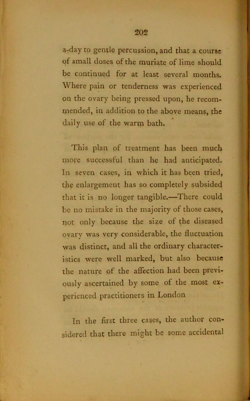 a7day to gentle percussion, and that a course of small doses of the muriate of lime should be continued for at least several months. Where pain or tenderness was experienced on the ovary being pressed upon, he recom- mended, in addition to the above means, the daily use of the warm bath. This plan pf treatment has been mpeh more successful than he had anticipated. In seyen cases, in which it has been tried, the enlargement has so completely subsided that it is no longer tangible.—There could be no mistake in the majority of those cases, not only because the size of the diseased ovary was very considerable, the fluctuation was distinct, and all the ordinary character- istics were well marked, but also because the nature of the aflTection had been previ- ously ascertained by some of the most ex- perienced practitioners in London In the first three cases, the author con- sidered that there might be some accidental