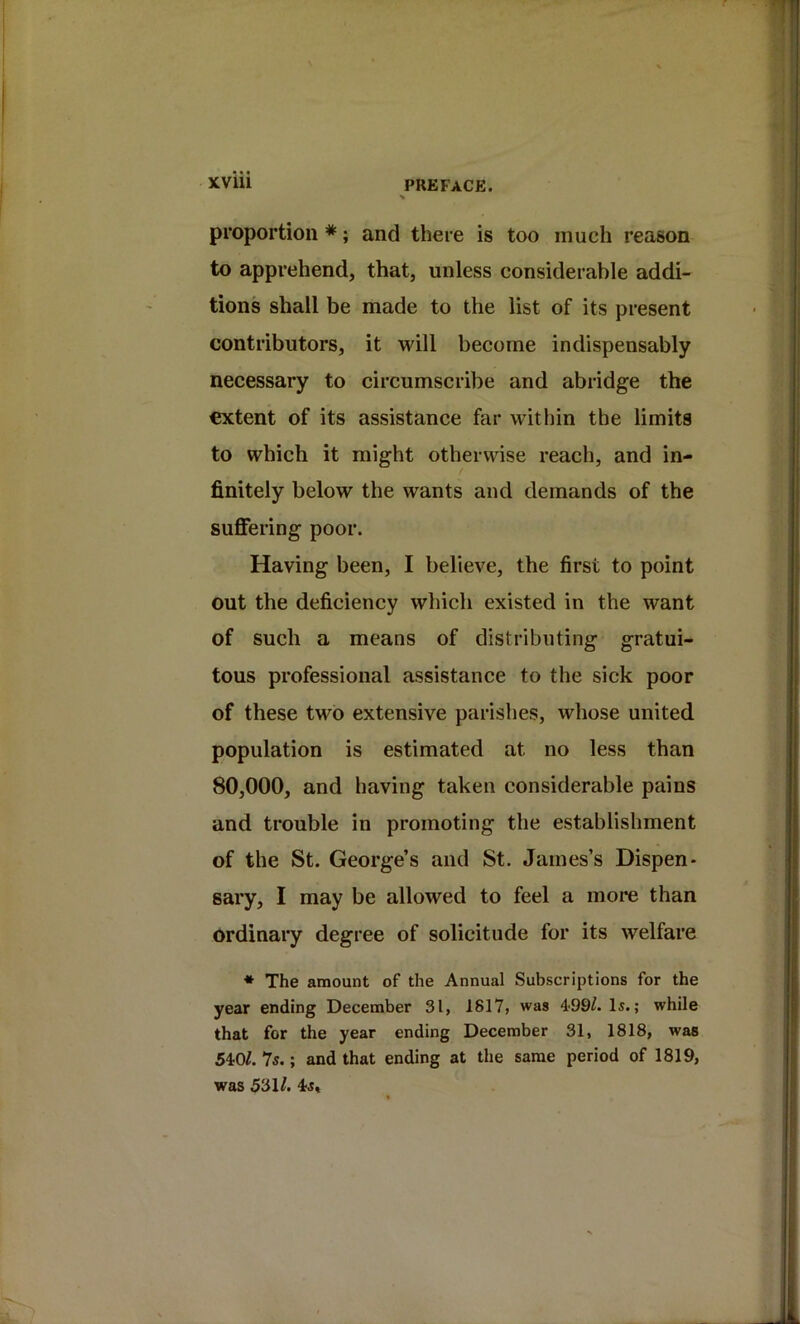 proportion *; and there is too much reason to apprehend, that, unless considerable addi- tions shall be made to the list of its present contributors, it will become indispensably necessary to circumscribe and abridge the extent of its assistance far within the limits to which it might otherwise reach, and in- finitely below the wants and demands of the suffering poor. Having been, I believe, the first to point out the deficiency which existed in the want of such a means of distributing gratui- tous professional assistance to the sick poor of these two extensive parishes, whose united population is estimated at no less than 80,000, and having taken considerable pains and trouble in promoting the establishment of the St. George’s and St. James’s Dispen- sary, I may be allowed to feel a moi*e than ordinary degree of solicitude for its welfare * The amount of the Annual Subscriptions for the year ending December 31, 1817, was 4-99/. Is.; while that for the year ending December 31, 1818, was 540/. 7s.; and that ending at the same period of 1819, was 531/. 4s«