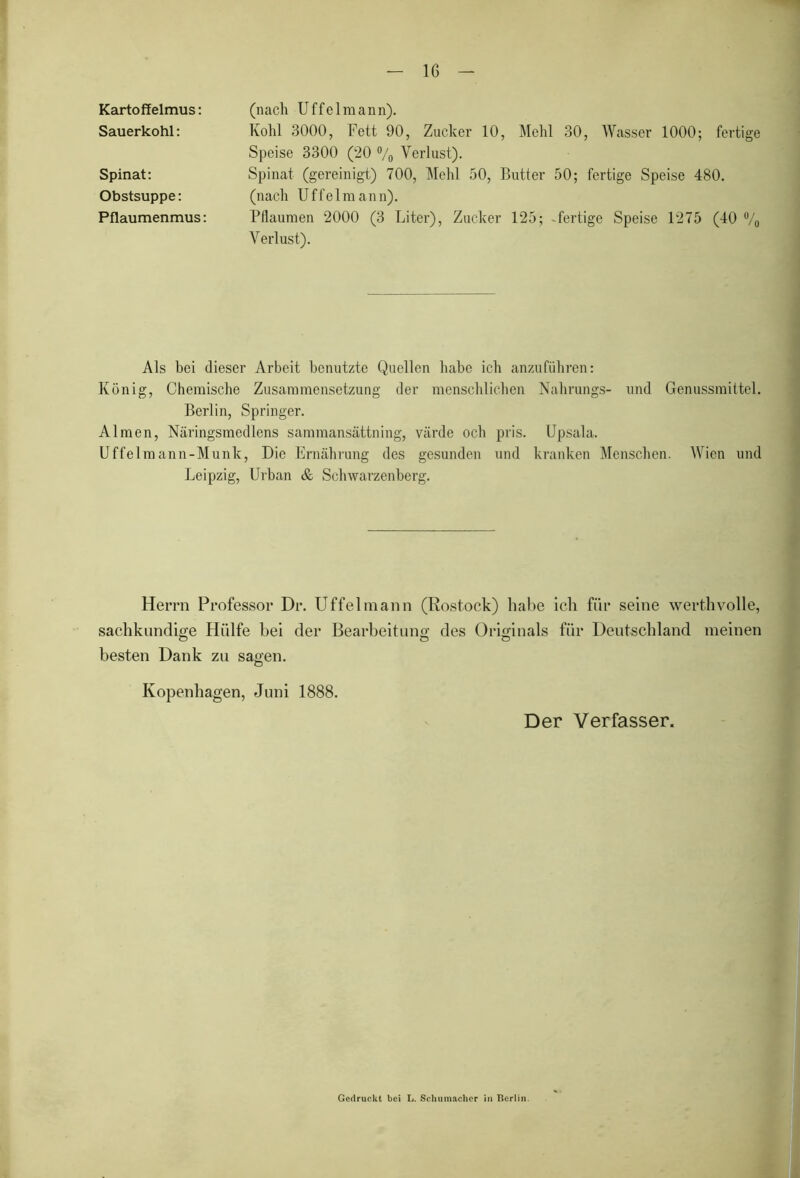 Kartoffelmus: Sauerkohl: Spinat: Obstsuppe: Pflaumenmus: (nach Uffelmann). Kohl 3000, Fett 90, Zucker 10, Mehl 30, AVasser 1000; fertige Speise 3300 (20 % Verlust). Spinat (gereinigt) 700, Mehl 50, Butter 50; fertige Speise 480. (nach Uffelmann). Pflaumen 2000 (3 Liter), Zucker 125; -fertige Speise 1275 (40 % Verlust). Als bei dieser Arbeit benutzte Quellen habe ich anzuführen: König, Chemische Zusammensetzung der menschlichen Nahrungs- und Genussmittel. Berlin, Springer. Almen, Näringsmedlens sammansättning, värde och pris. Upsala. Uffelmann-Munk, Die Ernährung des gesunden und kranken Menschen. AVien und Leipzig, Urban & Schwarzenberg. Herrn Professor Dr. Uffelmann (Rostock) habe ich für seine werthvolle, sachkundige Hülfe bei der Bearbeitung des Originals für Deutschland meinen O Ö Ö besten Dank zu sagen. O Kopenhagen, Juni 1888. Der Verfasser. Gedruckt bei L. Schumacher in Berlin.