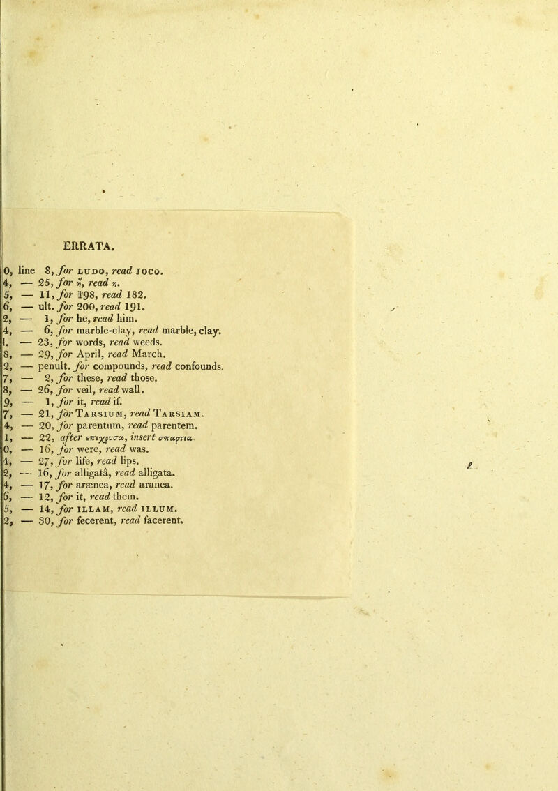 ERRATA. 0, line S, for lvdo, read joco. |4, — 25, for read n. 5, — 11, for igs, read L82. i6, — ult. for 200, read 191. 2, — 1, for he, read him. 4, — 6, for marble-clay, read marble, clay. 1, — 23, for words, read weeds. 8, — 29, for April, read March. 2, — penult, for compounds, read confounds. 7, — 2, for these, read those. 8, — 26, for veil, read wall, 9, — 1, for it, read if. 7, — 21,/or Tarsium, read Tausiam. 4, — 20, for parentnm, read parentem. 1, ■— 22, eifter em^pva-ix, insert a-'jra.frta- 0, ■— If), for were, read was. 4, — 27, for life, read lips. 2, — l6, for alligatd, read alligata. 4, — 17, for araenea, read aranea. 5, — 12, for it, read them. 5, — 14, for ILLAM, read illum. 2, — 30, for fecerent, read facerent.