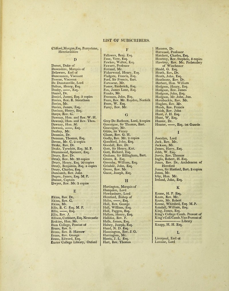 Pliffbrd_,Morgan,Esq. Perrystone, Herefordshire D Dorset, Duke of Downshire, Marquis of Delaware, Earl of Duncannon, Viscount Downe, Viscount De Dunstanville, Lord Dalton, Henry, Esq. Danby, —, Esq. Daniel, Dr. Daniel, James, Esq. 3 copies Davies, Rev. R. Streatham Davies, Mr. Davies, James, Esq. Davison, Henry, Esq. Davys, Rev. G. Dawnay, Hon. and Rev. W. H. Dawnay, Hon. and Rev. Thos. Dawnay, Hon. M. Dawson, , Esq. Dealtry, Mr. Denman, Dr. Denman, Thomas, Esq. Devon, Mr. C. 2 copies Drake, Rev. Dr. Drake, Tyrwhitt, Esq. M. P. Drummond, Spencer, Esq. Drury, Rev. Dr. Drury, Rev. Mr. 20 copies Drury, Henry, Esq. 20 copies Drury, Benjamin, Esq. 6 copies Drury, Charles, Esq. Duncumb, Rev. John Dupre, James, Esq. M. P. Durant, Captain Dwyer, Rev. Mr. 2 copies E Ekins, Rev. Dr. Ekins, Rev. C. Ekins, Mr. Ellis, R. C. Esq. M. P. Ellis, , Esq. Ellis, Rev. J. Ellison, Cuthbert, Esq. Newcastle Erskine, Hon. Mr. Eton College, Provost of r Evans, Rev. S. Evans, Rev. B. Harrow Evans, Rev. George Evans, Edward, Esq. Exeter College Library, Oxford F Fallowes, Benj. Esq. Fane, Vere, Esq. Fawkes, Walter, Esq. Fawsett. Professor Ferrand, Mr. Fisherwood, Henry, Esq. Fladgate, Francis, Esq. Ford, Sir Francis, Bart. Fortescue, Mr. Foster, Frederick, Esq. Fox, James Lane, Esq. Franks, Mr. Freeman, John, Esq. Frere, Rev. Mr. Roydon, Norfolk Frere, W. Esq. Furey, Rev. Mr. G Grey De Ruthven, Lord, 2 copies Gascoigne, Sir Thomas, Bart. Gascoigne, Mr. Gibbs, Sir Vicary Glasse, Rev. G. H. Godly, Rev. Mr. 2 copies Goodford, John, Esq. Goodall, Rev. Dr. Gott, Sir Henry, Knt. Gott, Richard, Esq. Graham, Sir Billingham, Bart. Green, R, Esq. Greenby, William, Esq. Grisdale, John, Esq. Grove, Rev. Mr. Guest, Joseph, Esq. H Hartington, Marquis of Hampden, Lord Hawkesbury, Lord Hereford, Bishop of Hales, , Esq. Hall, Rev. George Hall, William, Esq. Hall, Paggen, Esq. Hallam, Henry, Esq. Hallifax, Rev. F. Halls, James, Esq. Halsey, Joseph, Esq. Hand, N. D. Esq. Hannington, Rev. J. G. Harrington, Mr. Harris, J. L, Esq. Hart, Rev. Thomas Harness, Dr. Harwood, Professor Hatchett, Charles, Esq. I Hawtrey, Rev. Stephen, 5 copies Hawtrey, Rev. Mr. Prebendary of Winchester Heald, G. Esq. Heath, Rev. Dr. Heath, John, Esq. Heathcote, Rev. Dr. Herbert, Hon. William Hodgson, Henry, Esq. Hodgson, Rev. James Hodgson, John, Esq. Hodgson, Mr. John, Jun. Hornbuckle, Rev. Mr. Hughes, Rev. Mr. Huish, Rev. Francis Huish, Rev. John Hunt, J. H. Esq. Hunt, W. Esq. Hunter, Dr. Hunter, , Esq. 1st Guards I Joscelyn, Lord Jack, Rev. Mr. Jackson, Mr. James, Harry, Esq. Jebb, W. Esq. Jervis, Rev. Thomas Inglis, Robert, H. Esq. Jones, Rev. Dr. Archdeacon of Hereford Jones, Sir Harford, Bart. 2 copies Jones, Mr. Irby, Hon. Mr. Ireland, John, Esq. K Keane, H. P. Esq. Keate, Rev. Mr. Keate, Mr. Robert Keene, Whitshed, Esq. M. P. Kendall, William, Esq. King, James, Esq. King's College Camb. Provost of King’s Coll.Camb.Vice Provost of Library Knapp, H. H. Esq. L Liverpool, Earl of Lovaine, Lord