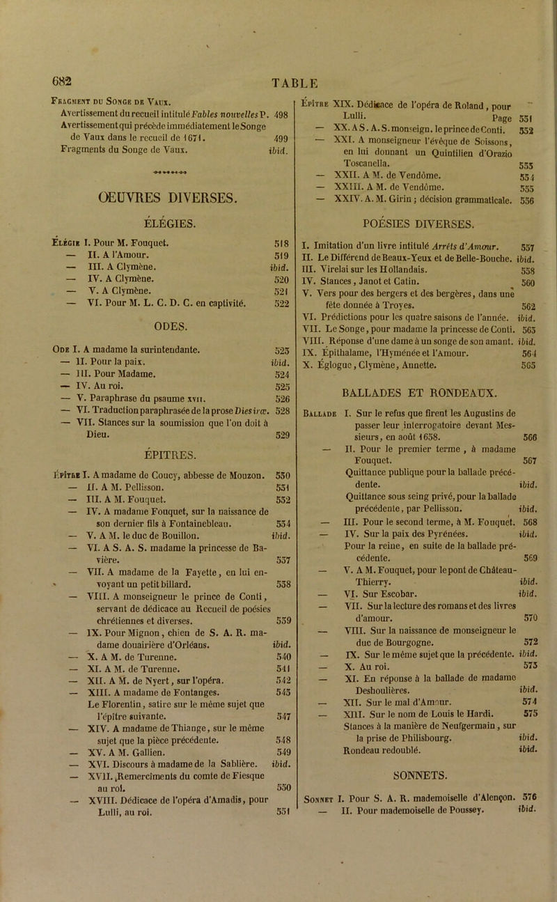 GK2 Fragment du Songk dr Vaiix. Avertissementdurecueil intitule Fables nouvellesV. 498 Avertissement qui precede immediatcment le Songe de Vaux dans le recueil de 1671. 499 Fragments du Songe de Vaux. Hid. OEUVRES D1VERSES. ELEGIES. Elegie I. Pour M. Fouquet. 518 — II. A 1’Amour. 519 — III. A Clymfcne. ibid. — IV. A Clymene. 520 — V. A Clymbne. 521 — VI. Pour M. L. C. D. C. cn captivity. 522 ODES. Ode I. A madame la surintendante. 523 — II. Pour la paix. Hid. — 1II. Pour Madame. 524 — IV. Au roi. 525 — V. Paraphrase du psaume xyii. 526 — VI.TraductionparaphraseedelaproseDiesira’. 528 — VII. Stances sur la soumission que Ton doit it Dieu. 529 EPITRES. LpItre I. A madame de Coucy, abbesse de Mouzon. 530 — II. A M. Pellisson. 531 — III. A M. Fouquet. 552 — IV. A madame Fouquet, sur la naissance de son dernier Dls b Fontainebleau. 554 — V. A M. le due de Bouillon. ibid. — VI. A S. A. S. madame la princesse de Ba- viere. 557 — VII. A madame de la Fayette, en lui en- - voyant un petit billard. 538 — VIII. A monseigneur le prince de Conti, servant de dedicace au Recueil de poesies chretiennes et diverses. 559 — IX. Pour Mignon, chien de S. A. R. ma- dame douairiere d’Orlc'ans. ibid. — X. A M. de Turenne. 540 — XI. A M. de Turenne. 511 — XII. A M. de Nyert, sur l’opbra. 542 — XIII. A madame de Fontanges. 545 Le Florentin, satire sur le meme sujet que l’epitre suivante. 547 — XIV. A madame de Thiange, sur le meme sujet que la piece precedente. 548 - XV. A M. Gallien. 549 — XVI. Discours 5 madame de la Sablibre. ibid. — XVII. .Ilemerciments du comte de Fiesque au rol. 550 — XVIII. Dedicace de l’opbra d’Amadis, pour Lulli, au roi. XIX. Dedicace de l'opera de Roland, pour Lulli. Page XX. AS. A.S.monseign. leprincedeConti. 552 XXI. A monseigneur l’eveque de Soissons, en lui donnant un Quintilien d’Orazio Toscanella. 555 — XXII. A M. de Vendome. 554 — XXIII. A M. de Vendome. 555 — XXIV. A. M. Girin; decision grammaticale. 556 POESIES DIVERSES. I. Imitation d’un livre intitulb Arriis d’Avumr. 557 II. LeDiffercnddeBeaux-YeuxetdeBelle-Boucbe. ibid. III. Virelai sur les Hollandais. 558 IV. Stances, Janot et Catin. 560 V. Vers pour des bergers et des bergeres, dans une fete donnee b Troyes. 562 VI. Predictions pour les quatre saisons de l’annde. ibid. VII. Lc Songe, pour madame la princesse de Conti. 563 VIII. Reponse d'une dame a un songe de son amant. ibid. IX. Epithalame, 1’Hymdnbe et 1’Amour. 564 X. Eglogue,Clymene, Annette. 565 BALLADES ET RONDEAUX. Ballade I. Sur le refus que Brent les Augustins de passer leur interrogatoire devant Mes- sieurs, en aout 1658. 566 — II. Pour le premier terme , b madame Fouquet. 567 Quittance publique pour la ballade prbed- dente. i bid. Quittance sous seing prive,pour la ballade precedente, par Pellisson. ibid. — III. Pour le second terme, b M. Fouquet. 568 — IV. Sur la paix des Pyrenees. ibid. Pour la reine, en suite de la ballade prd- cbdente. 569 — V. A M. Fouquet, pour lepont de Chbteau- Thierry. ibid. — VI. Sur Escobar. ibid. — VII. Sur la lecture des romans et des livres d’amour. 570 — VIII. Sur la naissance de monseigneur le due de Bourgogne. 572 — IX. Sur le mOme sujet que la prdeddente. ibid. — X. Au roi. 573 — XI. En rdponse b la ballade de madame Deshoulieres. ibid. — XII. Sur le mal d’Amnur. 574 — XIII. Sur le nom de Louis le Hardi. 575 Stances b la manibre de Neufgermain, sur la prise de Philisbourg. ibid. Rondeau redouble. ibid. SONNETS. Sonnet I. Pour S. A. R. mademoiselle d’Alengon. 576 — II. Pour mademoiselle de Poussey. ibid. TABLE EpItbe 551