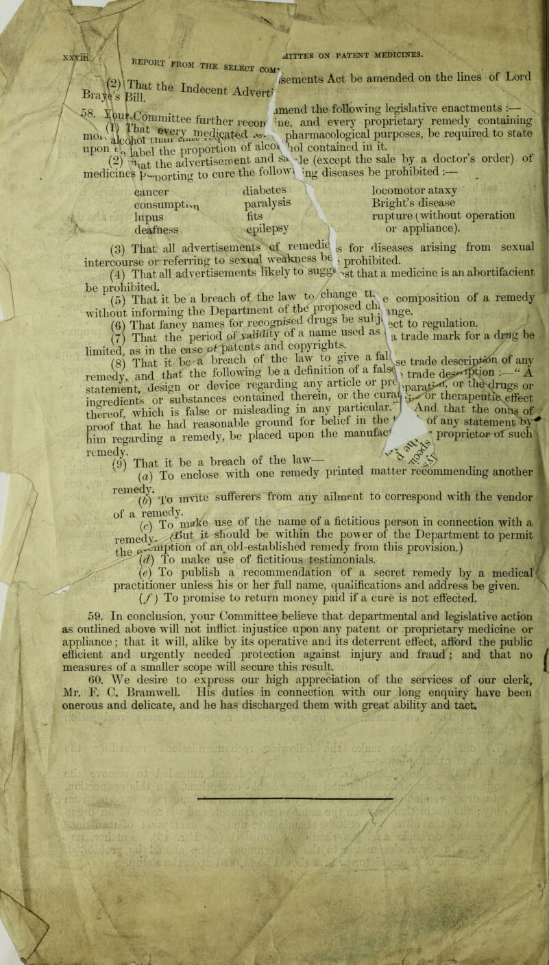 xxTin, report from the select jIITTEB on patent medicines. COM Advert; isements Act be amended on the lines of Lord amend the following legislative enactments :— ^V^LCominittee further recon hie, and every proprietary remedy containing pharmacological purposes, be required to state upon L oXv)el the proportion of alcoi qol contained in it. (2)' ’hat the advertisement and sa ^]e (except the sale by a doctor’s order) of medicines p'-^^ortino’ to cure the follow! i^g diseases be prohibited :— cancer consumptixn lupus deafness locomotor ataxy Bright’s disease rupture without operation or appliance). diabetes paralysis fits epilepsy (3) That all advertisements of reinedie ,g fQj. diseases arising from sexual intercourse or referring to sexual weakness be , prohibited. (4) That all advertisements likely to sugp -vgt that a medicine is an abortifacient be nrohibited. M rm-o n * (5) That it be a breach of the law to/cnange u- ^ composition of a remedy without informing the Department of anga (6) That fancy names for recognised ori^s oe^°auj\^0ct to regulation. (7) That the period of validity of a naine used as 1 trade mark for a drag be limited, as in the case of patents and copyiig ts. \ (8) That it be a breach of the law to give a fall of any remedv and that the following be a definition of a falst^^ de^Won “ A statement design or device regarding any article or pre.^^g^gj^ or theN^rugs or ineredients or substances contained therein, or the curat, or therapeutib. effect thereof which is false or misleading in any particular. ! And that the onus of proof that he had reasonable ground for belief m the ^ of any statement Tiy him regarding a remedy, be placed upon the manufac^ proprietor of such (i) That it be a breach of the law ^ (a) To enclose with one remedy printed matter recommending another remedy. ^ ^ sufferers from any ailment to correspond with the vendor ^ (6^ Xo^niake use of the name of a fictitious person in connection with a remedy. should be within the power of the Department to permit p^nption of an^old-established remedy from this provision.) (d) To make use of fictitious testimonials. (e) To publish a recommendation of a secret remedy by a medical practitioner unless his or her full name, qualifications and address be given. {/) To promise to return money paid if a cure is not effected. 59. In conclusion, your Committee believe that departmental and legislative action as outlined above wdll not inflict injustice upon any patent or proprietary medicine or appliance; that it will, alike by its operative and its deterrent effect, afford the public efficient and urgently needed protection against injury and fraud; and that no measures of a smaller scope will secm’e this result. 60. We desire to express our high appreciation of the services of our clerk, Mr. F. C. Bramwell. His duties in connection with our long enquiry have been onerous and delicate, and he has discharged them with great ability and tact.