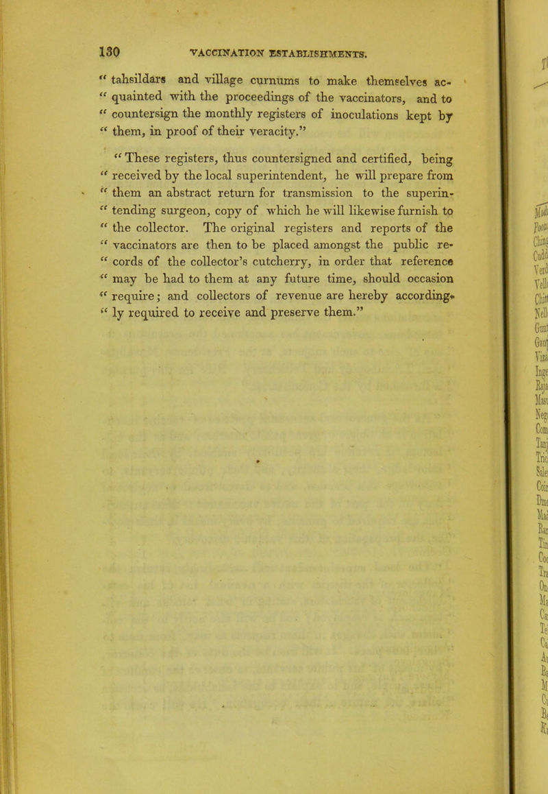 “ tahsildars and village curnums to make themselves ac- “ quainted with the proceedings of the vaccinators, and to “ countersign the monthly registers of inoculations kept by “ them, in proof of their veracity.” “ These registers, thus countersigned and certified, being “ received by the local superintendent, he will prepare from “ them an abstract return for transmission to the superin- ff tending surgeon, copy of which he will likewise furnish to “ the collector. The original registers and reports of the “ vaccinators are then to be placed amongst the public re- “ cords of the collector’s cutcherry, in order that reference “ may be had to them at any future time, should occasion <c require; and collectors of revenue are hereby according* <e ly required to receive and preserve them.”