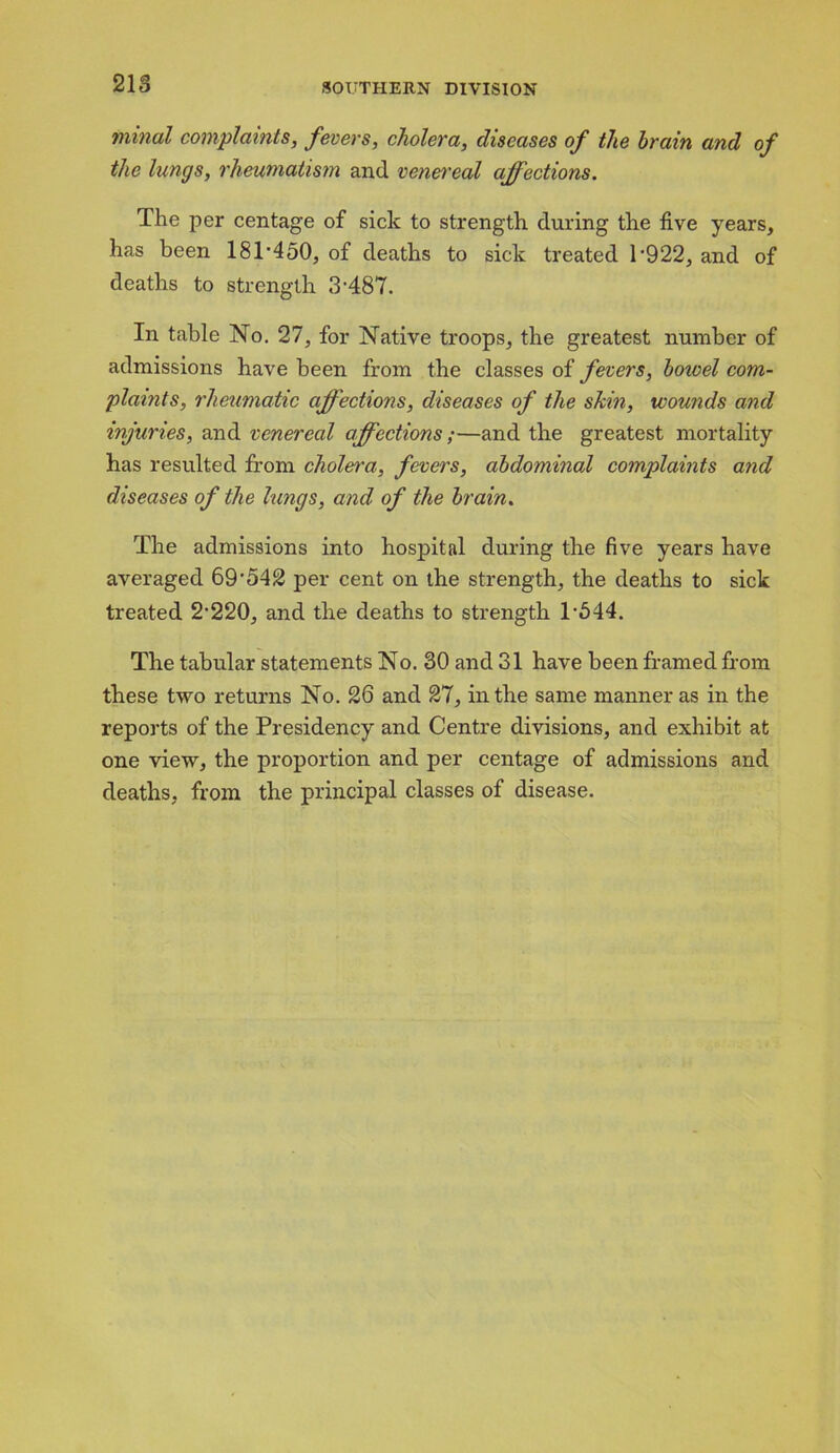 minal complaints, fevers, cholera, diseases of the brain and of the lungs, rheumatism and venereal affections. The per centage of sick to strength during the five years, has been 18T450, of deaths to sick treated P922, and of deaths to strength 3-487. In table No. 27, for Native troops, the greatest number of admissions have been from the classes of fevers, bowel com- plaints, rheumatic affections, diseases of the skin, wounds and injuries, and venereal affections;—and the greatest mortality has resulted from cholera, fevers, abdominal complaints and diseases of the lungs, and of the brain. The admissions into hospital during the five years have averaged 69'542 per cent on the strength, the deaths to sick treated 2-220, and the deaths to strength T544. The tabular statements No. 30 and 31 have been framed from these two returns No. 26 and 27, in the same manner as in the reports of the Presidency and Centre divisions, and exhibit at one view, the proportion and per centage of admissions and deaths, from the principal classes of disease.