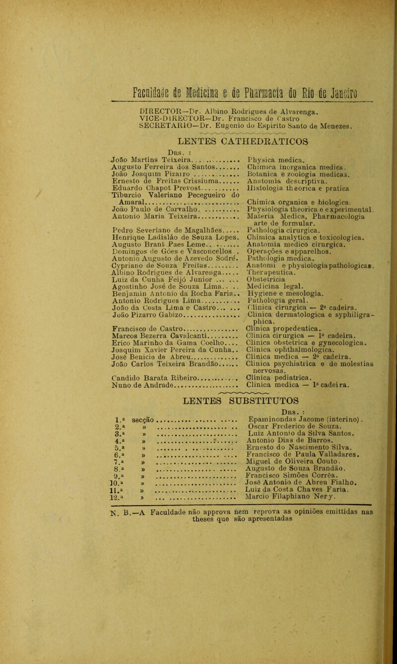 Facaiílade t Medicina e àe Püamacia do Rio de Janeiro BIRECTOR—Dr. Albino Rodrigues de Alvarenga. VICE-D1RECTOR—Dr. P'rancisco de Castro SECRETARIO—Dr. Eugênio do Espirito Santo de Menezes. LENTES CATHEDEATICOS Drs. : João Martins Teixeira Augusto Ferreira dos Santos João Joaquim Pizairo Ernesto de Freitas Crissiuma Eduardo Ohapot Prevost Tiburcio Yaleriano Pecegueiro do Amaral João Paulo de Carvalho Antonio Maria Teixeira Pedro Severiano de Magalhães Henrique Ladisláo de Souza Lopes. Augusto Brant Paes Leme.. Domingos de Góes e Vasconcellos . Antonio Augusto de Azevedo Sodré. Cypriano de Souza Freitas Albino Rodrigues de Alvarenga Luiz da Cunha Feijó Junior Agostinho José de Souza Lima.... Benjamin Antonio da Rocha Faria.. Antonio Rodrigues Lima João da Costa Lima e Castro João Pizarro Gabizo Francisco de Castro Marcos Bezerra Cavalcanti Erico Marinho da Gama Coelho.... Joaquim Xavier Pereira da Cunha.. José Benicio de Abreu João Carlos Teixeira Brandão Cândido Barata Ribeiro ... Nuno de Andrade Physica medica. Chimiea inorgânica medica. Botanica e zoologia medicas. Anatomia descriptiva. Histologia theonca e pratica Chimiea organica e biologica. Physioiogia theorica e experimental Matéria Medica, Pharmaculogia arte de formular. Pathologia cirúrgica. Chimiea analytica e toxicologica. Anatomia medico cirúrgica. Operações eapparelhos. Pathologia medica. Anatomi e physioiogia pathologicas. Therapeutica. Obstetricia Medicina legal. Hygiene e mesologia. Pathologia geral. Clinica cirúrgica — 2a cadeira. Clinica dermatológica e syphiligra- phica. Clinica propedêutica. Clinica cirúrgica — Ia cadeira. Clinica obstétrica e gynecologica. Clinica ophthalmologica. Clinica medica — 2a cadeira. Clinica psychiatrica e de moléstias nervosas. Clinica pediátrica. Clinica medica — Ia cadeira. LENTES SUBSTITUTOS 1. a secção 2. ® » 3. a » 4. a » 5. ® » 6. a » 7. a » 8, a » 9.a » 10.a 11.» » 12.a » Drs. : Epaminondas Jacome (interino). Oscar Frederico de Souza. Luiz Antonio da Silva Santos. Antonio Dias de Barros. Ernesto do Nascimento Silva. Francisco de Paula Valladares. Miguel de Oliveira Couto. Augusto de Souza Brandão. Francisco Simões Corrêa. José Antonio de Abreu Fialho. Luiz da Costa Chaves Faria. Mareio Filaphiano Nery. ts;_ B.—A Faculdade nao approva nem reprova as opiniões emittidas nas theses que são apresentadas