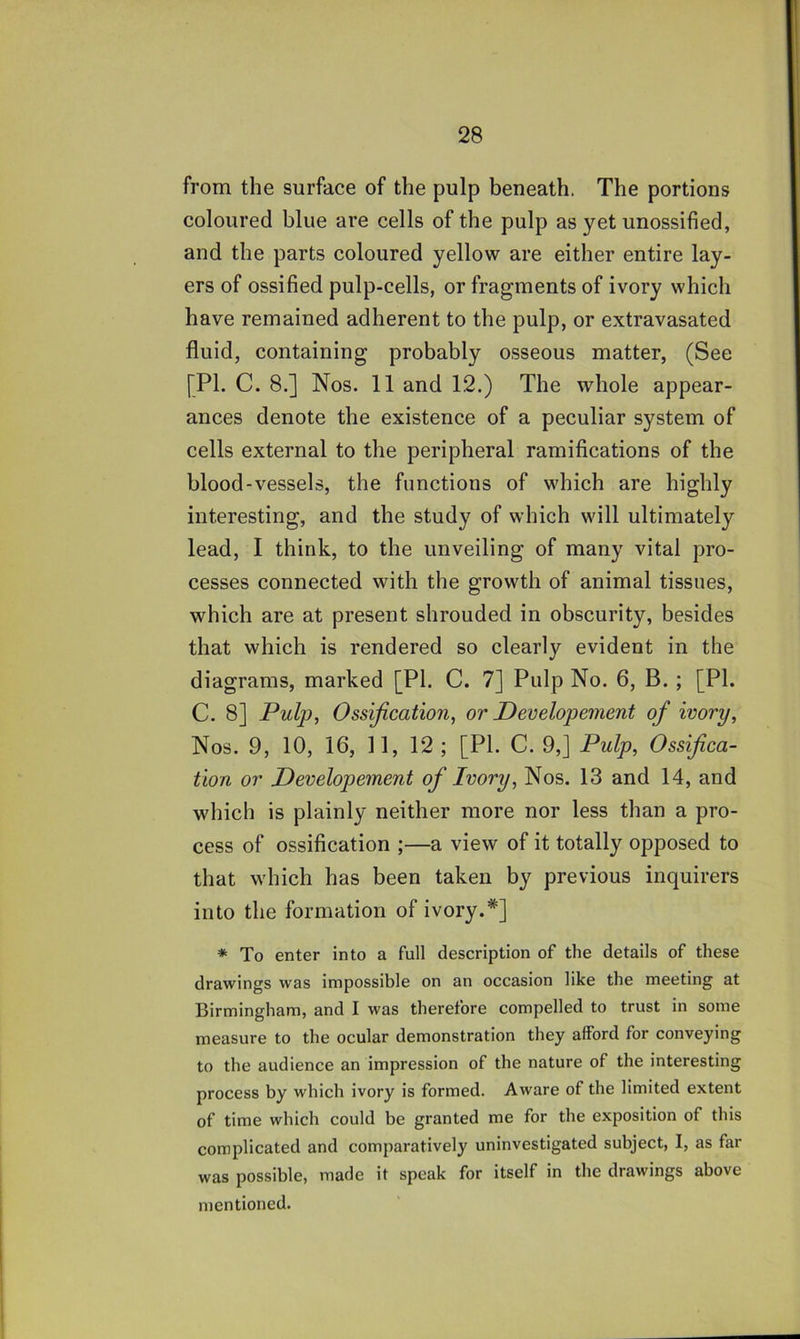 from the surface of the pulp beneath. The portions coloured blue are cells of the pulp as yet unossified, and the parts coloured yellow are either entire lay- ers of ossified pulp-cells, or fragments of ivory which have remained adherent to the pulp, or extravasated fluid, containing probably osseous matter, (See [PL C. 8.] Nos. 11 and 12.) The whole appear- ances denote the existence of a peculiar system of cells external to the peripheral ramifications of the blood-vessels, the functions of which are highly interesting, and the study of which will ultimately lead, I think, to the unveiling of many vital pro- cesses connected with the growth of animal tissues, which are at present shrouded in obscurity, besides that which is rendered so clearly evident in the diagrams, marked [PI. C. 7] Pulp No. 6, B. ; [PI. C. 8] Pulp, Ossification, or Pevelopement of ivory. Nos. 9, 10, 16, 11, 12 ; [PL C. 9,] Pulp, Ossifica- tion or Pevelopement of Ivory, Nos. 13 and 14, and which is plainly neither more nor less than a pro- cess of ossification ;—a view of it totally opposed to that which has been taken by previous inquirers into the formation of ivory.*] * To enter into a full description of the details of these drawings was impossible on an occasion like the meeting at Birmingham, and I was therefore compelled to trust in some measure to the ocular demonstration they afford for conveying to the audience an impression of the nature of the interesting process by which ivory is formed. Aware of the limited extent of time which could be granted me for the exposition of this complicated and comparatively uninvestigated subject, I, as far was possible, made it speak for itself in the drawings above mentioned.