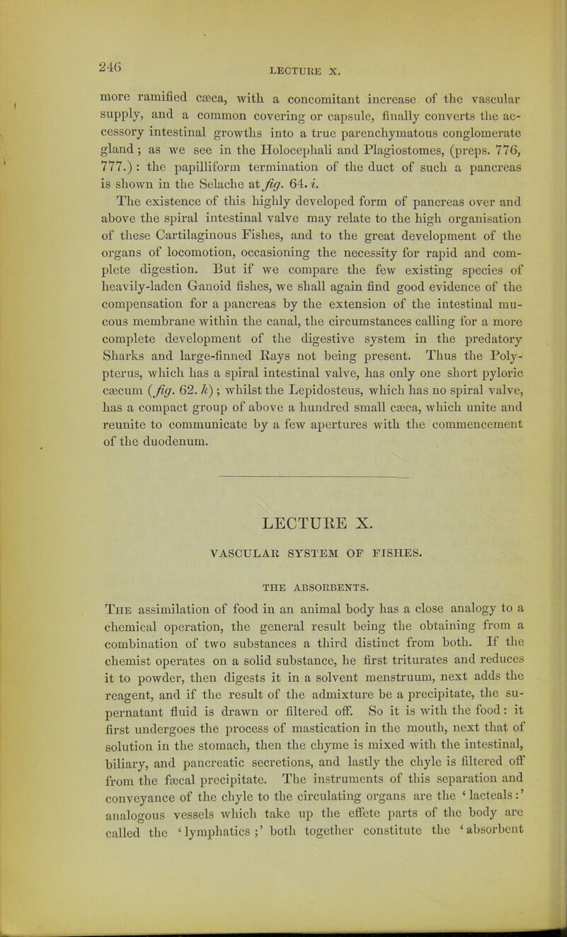 LECTURE X. more ramified cajca, with a concomitant increase of the vascular supply, and a common covering or capsule, finally converts the ac- cessory intestinal growths into a true parenchymatous conglomerate gland; as we see in the Holocephali and Plagiostomes, (preps. 776, 777.) : the papilliform termination of the duct of such a pancreas is .shown in the Selache at fig. 64. i. The existence of this highly developed form of pancreas over and above the spiral intestinal valve may relate to the high oi’ganisation of these Cartilaginous Fishes, and to the great development of the organs of locomotion, occasioning the necessity for rapid and com- plete digestion. But if we compare the few existing species of heavily-laden Ganoid fishes, we shall again find good evidence of the compensation for a pancreas by the extension of the intestinal mu- cous membrane within the canal, the circumstances calling for a more complete development of the digestive system in the predatory Sharks and large-finned Bays not being present. Thus the Poly- pterus, which has a spiral intestinal valve, has only one short pyloric CEecum {fig. 62. Jt) ; whilst the Lepidosteus, which has no spiral valve, has a compact group of above a hundred small ca3ca, which unite and reunite to communicate by a few apertures with the commencement of the duodenum. LECTURE X. VASCULAR SYSTEM OF FISHES. THE ABSORBENTS. The assimilation of food in an animal body has a close analogy to a chemical operation, the general result being the obtaining from a combination of two substances a third distinct from both. If the chemist operates on a solid substance, he first triturates and reduces it to powder, then digests it in a solvent menstruum, next adds the reagent, and if the result of the admixture be a precipitate, the su- pernatant fluid is drawn or filtered off. vSo it is with the food: it first undergoes the process of mastication in the mouth, next that of solution in the stomach, then the chyme is mixed with the intestinal, biliary, and pancreatic secretions, and lastly the chyle is filtered off from the fcBcal precipitate. The instruments of this separation and conveyance of the chyle to the circulating organs are the ‘ lacteals: ’ analogous vessels whieh take up the effete parts of the body are called the ‘ lymphatics ; ’ both together constitute the ‘ absorbent