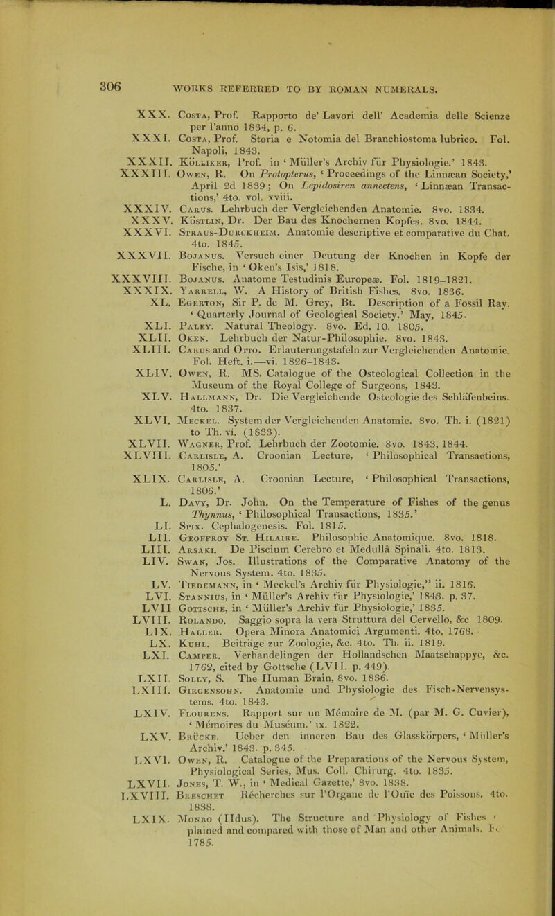 XXX. Costa, Prof. Rapporto de’Lavori dell’ Academia delle Scienze per I’amio 1834, p. 6. XXXI. Costa, Prof Storia e Notoraia del Branchiostoma lubrico. Fol. Napoli, 1843. XXXII. Kollikkr, Prof in ‘ Muller’s Arcbiv fiir Physiologic.’ 1843. XXXIII. Owen, R. On Protopterus, ‘Proceedings of the Linnajan Society,’ April 2d 1839; On Lepidosiren annectens, ‘ Linnaean Transac- tions,’ 4to. vol. xviii. XXXIV. Carus. Lehrbuch der Vergleichenden Anatoinie. 8vo. 1834. XXXV. Kostlin, Dr. Der Bau des Knochernen Kopfes. 8vo. 1844. XXXVI. Straus-Durckheim. Anatomic descriptive et comparative du Chat. 4to. 1845. XXXVII. Bojanus. Versuch einer Deutung der Knochen in Kopfe der Fische, in ‘ Oken’s Isis,’ 1818. XXXVIII. Bojanus. Anatome Testudinis Europeze. Fol. 1819-1821. XXXIX. Yarrei.e, W. a History of British Fishes. 8vo. 1836. XL. Egerton, Sir P. de M. Grey, Bt. Description of a Fossil Ray. ‘ Quarterly Journal of Geological Society.’ May, 1845. XLI. Paley. Natural Theology. 8vo. Ed. 10. 1805. XLIl. Oken. Lehrbuch der Natur-Philosophie. 8vo. 1843. XIjIII. Carus and Otto. Erlauterungstafeln zur Vergleichenden Anatomie Fol. Heft. i.—vi. 1826-1843. XLIV. Owen, R. MS. Catalogue of the Osteological Collection in the Museum of the Royal College of Surgeons, 1843. XLV. Haelmann, Dr. Die Vergleichende Osteologie des Schlafenbeins. 4to. 1837. XLVI. Meckel. System der Vergleichenden Anatomie. 8vo. Th. i. (1821) to Th. vi. (1833). XLVII. Wagner, Prof Lehrbuch der Zootomie. 8vo. 1843, 1844. XLVIII. Carlisle, A. Croonian Lecture, ‘ Philosophical Transactions, 1805. ’ XLIX. Carlisle, A. Croonian Lecture, ‘ Philosophical Transactions, 1806. ’ L. Davy, Dr. John. On the Temperature of Fishes of the genus Thynnus, ‘ Philosophical Transactions, 1835.’ LI. Spix. Cephalogenesis. Fol. 1815. LII. Geoffrot St. Hilaire. Philosophic Anatomique. 8vo. 1818. LIIl. Arsaki. De Piscium Cerebro et Medulla Spinali. 4to. 1813. LIV. Swan, Jos. Illustrations of the Comparative Anatomy of the Nervous System. 4to. 1835. LV. Tiedemann, in ‘ Meckel’s Archiv fiir Physiologic,” ii. 1816. LVI. Stannius, in ‘ Muller’s Archiv fiir Physiologic,’ 184S. p. 37. LVII Gottsche, in ‘ Muller’s Archiv fiir Physiologic,’ 1835. LVI 11. Rolando, Saggio sopra la vera Struttura del Cervello, &c 1809. LIX. Haller. Opera Minora Anatomic! Argumenti. 4to. 1768. LX. Kuhl. Beitrage zur Zoologie, &c. 4to. Th. ii. 1819. LXI. Camper. Verhandelingen der Hollandschen Maatschappye, &c. 1762, cited by Gottsche (LVII. p. 449). LXII. Solly, S. The Human Brain, 8vo. 1836. LX 111. Girgensohn. Anatomie und Physiologic des Fisch-Nervensys- tems. 4to. 1843. LX IV. Flourens. Rapport sur un Memoire de M. (par M. G. Cuvier), ‘ Memoires du Museum.’ ix. 1822. LXV. BiiiicKE. Ueber den inneren Bau des Glasskdrpers, ‘ Muller’s Archiv.’ 1843. p. 345. LXVl. Owen, R. Catalogue of the Preparations of the Nervous System, Physiological Series, Mus. Coll. Chirurg. 4to. 1835. LXVII. .Tones, T. W., in ‘ Medical Gazette,’ 8vo. 1838. LXVIII. Breschet Recherches sur I’Organe de I’Ou'ie des Poi.ssons. 4to. 1838. LXIX. Monro (Ildus). The Structure and Physiology of Fishes ' plained and compared with those of Man and other Animals. I'l 1785.