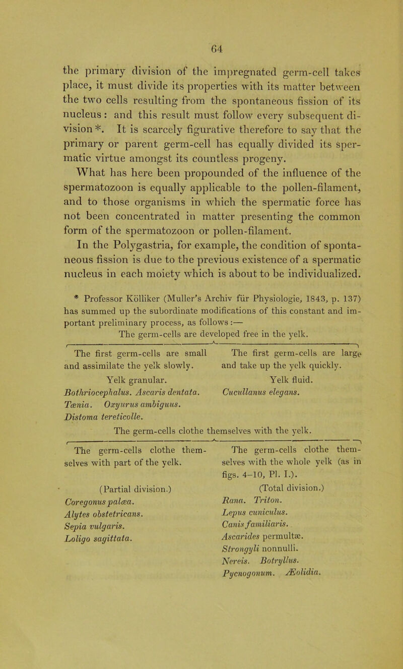CA the primary division of the impregnated germ-cell takes place, it must divide its properties with its matter between the two cells resulting from the spontaneous fission of its nucleus : and this result must follow every subsequent di- vision*. It is scarcely figurative therefore to say that the primary or parent germ-cell has equally divided its sper- matic virtue amongst its countless progeny. What has here been propounded of the influence of the spermatozoon is equally applicable to the pollen-filament, and to those organisms in which the spermatic force has not been concentrated in matter presenting the common form of the spermatozoon or pollen-filament. In the Polygastria, for example, the condition of sponta- neous fission is due to the previous existence of a spermatic nucleus in each moiety which is about to be individualized. * Professor Kolliker (Muller’s Archiv fur Physiologie, 1843, p. 137) has summed up the subordinate modifications of this constant and im- portant preliminary process, as follows :— The germ-cells are developed free in the yelk. The first germ-cells are small and assimilate the yelk slowly. Yelk granular. Bothriocephalus. Ascaris dentata. Tania. Oxyurus ambiguus. Distoma tereticolle. The first germ-cells are large and take up the yelk quickly. Yelk fluid. Cucullanus elegans. The germ-cells clothe themselves with the yelk. The germ-cells clothe them- selves with part of the yelk. (Partial division.) Coregonus palcea. Alytes obstetricans. Sepia vulgaris. Loligo sagittata. The germ-cells clothe them- selves with the whole yelk (as in figs. 4-10, PI. I.). (Total division.) Rana. Triton. Lepus cuniculus. Canis familiaris. Ascarides permultae. Strongyli nonnulli. Nereis. Botryllus. Pycnogonum. AEolidia.