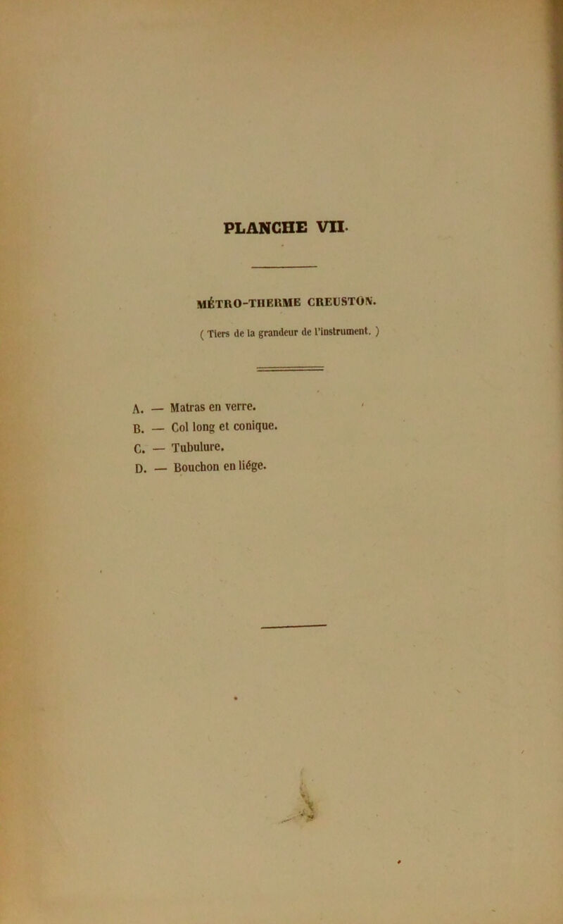 MÉTRO-TIIEKMB CREUSTON. ( Tiers de la grandeur de l’instrument. ) A. — Matras en verre. B. — Col long et conique. C. — Tubulure. D. — Bouchon en liège. ' -'i