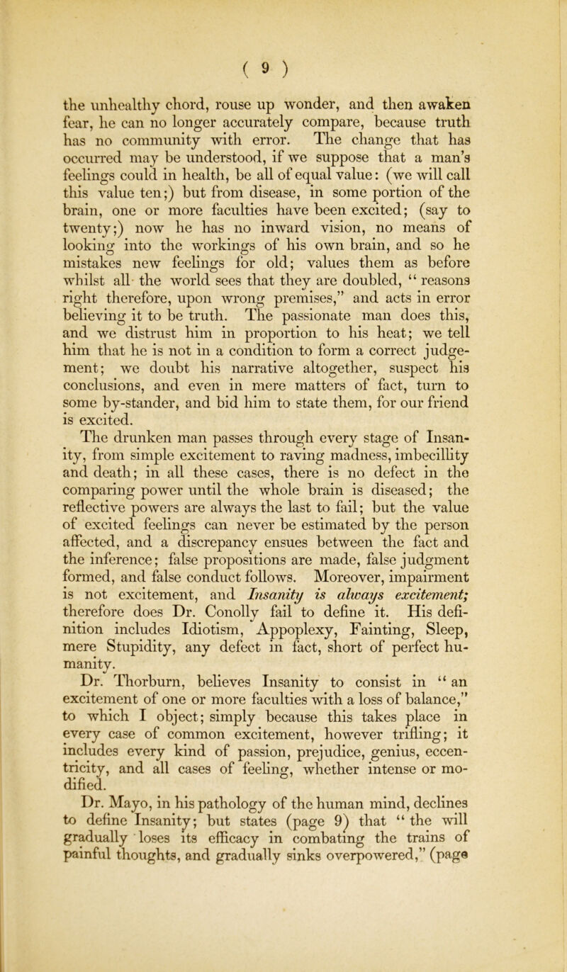the unhealthy chord, rouse up wonder, and then awaken fear, he can no longer accurately compare, because truth has no community with error. The change that has occurred may be understood, if we suppose that a man’s feelings could in health, be all of equal value: (we will call this value ten;) but from disease, in some portion of the brain, one or more faculties have been excited; (say to twenty;) now he has no inward vision, no means of looking into the workings of his own brain, and so he mistakes new feelings for old; values them as before whilst all the world sees that they are doubled, “ reasons right therefore, upon wrong premises,” and acts in error believing it to be truth. The passionate man does this, and we distrust him in proportion to his heat; we tell him that he is not in a condition to form a correct judge- ment; we doubt his narrative altogether, suspect his conclusions, and even in mere matters of fact, turn to some by-stander, and bid him to state them, for our friend is excited. The drunken man passes through every stage of Insan- ity, from simple excitement to raving madness, imbecillity and death; in all these cases, there is no defect in the comparing power until the whole brain is diseased; the reflective powers are always the last to fail; but the value of excited feehngs can never be estimated by the person affected, and a discrepancy ensues between the fact and the inference; false propositions are made, false judgment formed, and false conduct follows. Moreover, impairment is not excitement, and Insanity is always excitement; therefore does Dr. Conolly fail to define it. His defi- nition includes Idiotism, Appoplexy, Fainting, Sleep, mere Stupidity, any defect in fact, short of perfect hu- manity. Dr. Tliorburn, believes Insanity to consist in “an excitement of one or more faculties with a loss of balance,” to which I object; simply because this takes place in every case of common excitement, however trifling; it includes every kind of passion, prejudice, genius, eccen- tricity, and all cases of feehng, whether intense or mo- dified. Dr. Mayo, in his pathology of the human mind, declines to define Insanity; but states (page 9) that “ the will gradually loses its efficacy in combating the trains of painful thoughts, and gradually sinks overpowered,” (page