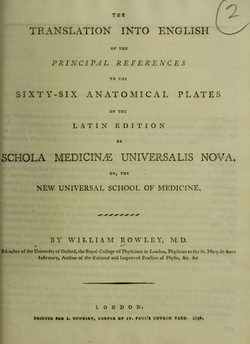 THE TRANSLATION INTO ENGLISH OF THE PRINCIPAL REFERENCES TO THE SIXTY-SIX ANATOMICAL PLATES OF THE LATIN EDITION OR, THE NEW UNIVERSAL SCHOOL OF MEDICINE. BY WILLIAM ROWLEY, M. D. • ^ Member of the Univerfity of Oxford, the Royal College of Pliyficians in London, Phyfician to the St. Mary-le-bons Infirmary, Author of the Rational and Improved Pradlice of Phyfic, &c. &(. LONDON: Printed for e» hewrert, corker of st. faul’« church yard. 1796,