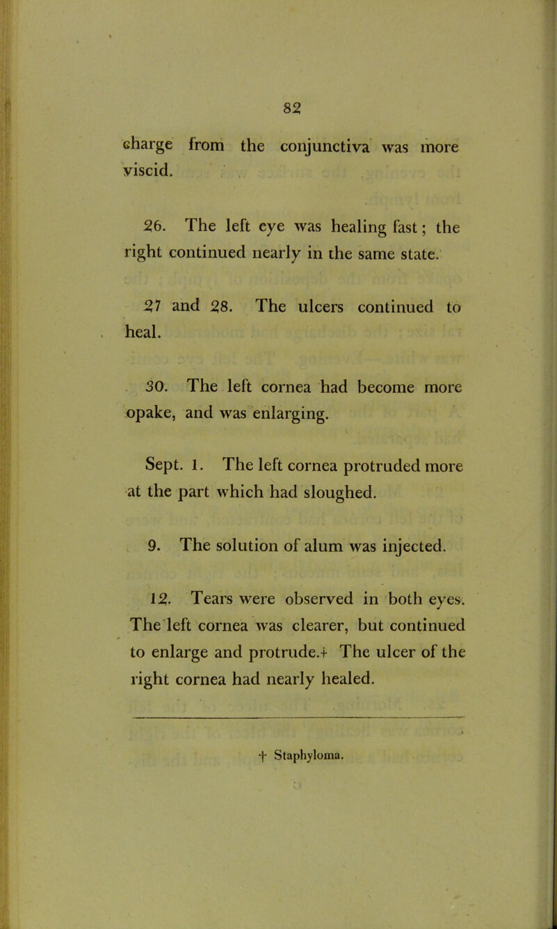 charge from the conjunctiva was more viscid. 26. The left eye was healing fast; the right continued nearly in the same state. 27 and 28. The ulcers continued to heal. SO. The left cornea had become more -opake, and was enlarging. Sept. 1. The left cornea protruded more at the part which had sloughed. 9. The solution of alum was injected. 12. Tears were observed in both eyes. The left cornea was clearer, but continued to enlarge and protrude.! The ulcer of the right cornea had nearly healed. t Staphyloma.