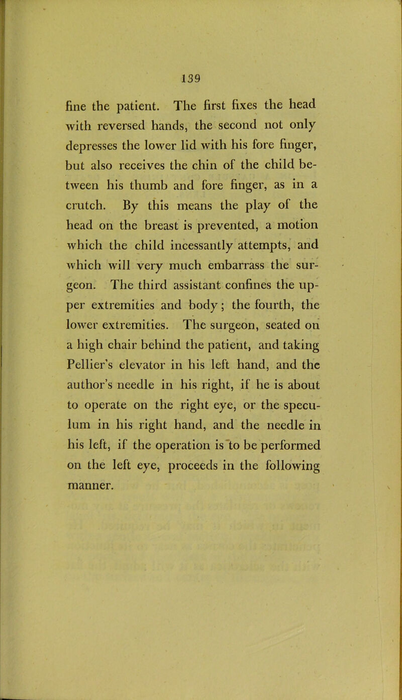 fine the patient. The first fixes the head with reversed hands, the second not only depresses the lower lid with his fore finger, but also receives the chin of the child be- tween his thumb and fore finger, as in a crutch. By this means the play of the head on the breast is prevented, a motion which the child incessantly attempts, and which will very much embarrass the sur- geon. The third assistant confines the up- per extremities and body; the fourth, the lower extremities. The surgeon, seated on a high chair behind the patient, and taking Pellier’s elevator in his left hand, and the author’s needle in his right, if he is about to operate on the right eye, or the specu- lum in his right hand, and the needle in his left, if the operation is 'to be performed on the left eye, proceeds in the following manner.