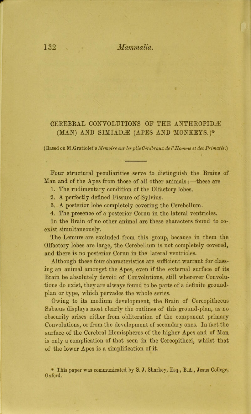 CEREBEAL CONVOLUTIONS OE THE ANTHEOPID^ (MAN) AND SIMIADJE (APES AND MONKEYS.)^ (Based on M.Gratiolet’s Memoire sur lesplis Geribraux de VHomme et des Primates.) Four structural peculiarities serve to distinguish the Brains of Man and of the Apes from those of all other animals :—these are 1. The rudimentary condition of the Olfactory lobes. 2. A perfectly defined Fissure of Sylvius. 3. A posterior lobe completely covering the Cerebellum. 4. The presence of a posterior Cornu in the lateral ventricles. In the Brain of no other animal are these characters found to co- exist simultaneously. The Lemurs are excluded from this group, because in them the Olfactory lobes are large, the Cerebellum is not completely covered, and there is no posterior Cornu in the lateral ventricles. Although these four characteristics are sufficient -^arrant for class- ing an animal amongst the Apes, even if the external surface of its Brain be absolutely devoid of Convolutions, still wherever Convolu- tions do exist, they are always found to be parts of a definite ground- plan or type, which pervades the whole series. Owing to its medium development, the Brain of Cercopithecus Sabasus displays most clearly the outlines of this ground-plan, as no obscurity arises either from obliteration of the component primary Convolutions, or from the development of secondary ones. In fact the surface of the Cerebral Hemispheres of the higher Apes and of Man is only a complication of that seen in the Cercopitheci, whilst that of the lower Apes is a simplification of it. * This paper was commiinicatcd by S. J. Sharkey, Esq., B.A., Jesus College, Oxford.