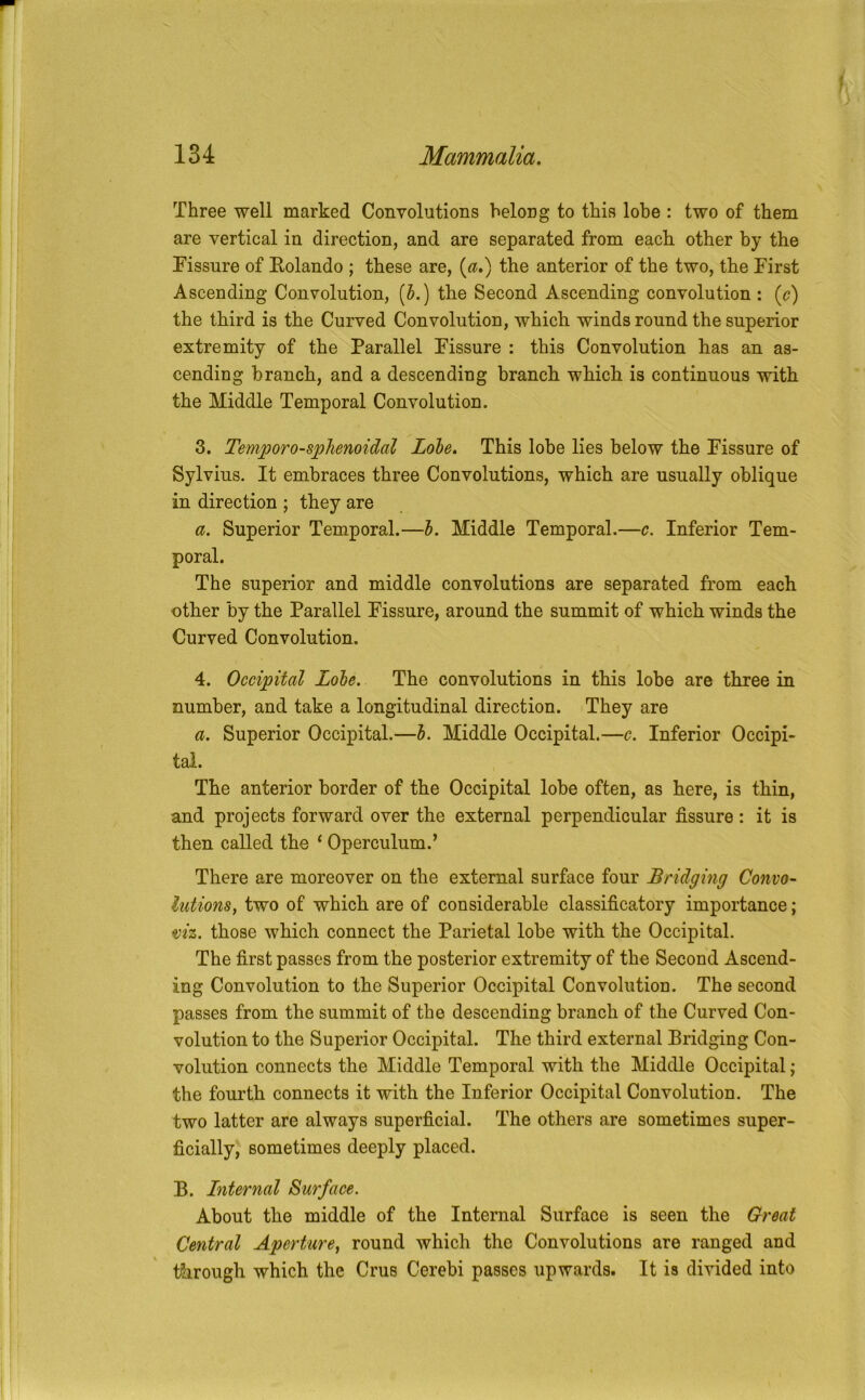 Three well marked Convolutions belong to this lobe : two of them are vertical in direction, and are separated from each other by the Fissure of Eolando ; these are, {a.') the anterior of the two, the First Ascending Convolution, (5.) the Second Ascending convolution : {c) the third is the Curved Convolution, which winds round the superior extremity of the Parallel Fissure : this Convolution has an as- cending branch, and a descending branch which is continuous with the Middle Temporal Convolution. 3. Temporo-splienoidal Lobe. This lobe lies below the Fissure of Sylvius. It embraces three Convolutions, which are usually oblique in direction ; they are a. Superior Temporal.—1. Middle Temporal.—c. Inferior Tem- poral. The superior and middle convolutions are separated from each other by the Parallel Fissure, around the summit of which winds the Curved Convolution. 4. Occipital Lobe. The convolutions in this lobe are three in number, and take a longitudinal direction. They are a. Superior Occipital.—b. Middle Occipital.—c. Inferior Occipi- tal. The anterior border of the Occipital lobe often, as here, is thin, and projects forward over the external perpendicular fissure : it is then called the ‘ Operculum.’ There are moreover on the external surface four Bridging Convo- lutions, two of which are of considerable classificatory importance; viz. those which connect the Parietal lobe with the Occipital. The first passes from the posterior extremity of the Second Ascend- ing Convolution to the Superior Occipital Convolution. The second passes from the summit of the descending branch of the Curved Con- volution to the Superior Occipital. The third external Bridging Con- volution connects the Middle Temporal with the Middle Occipital; the fourth connects it with the Inferior Occipital Convolution. The two latter are always superficial. The others are sometimes super- ficially, sometimes deeply placed. B. Internal Surface. About the middle of the Internal Surface is seen the Great Central Aperture, round which the Convolutions are ranged and through which the Crus Cerebi passes upwards. It is divided into