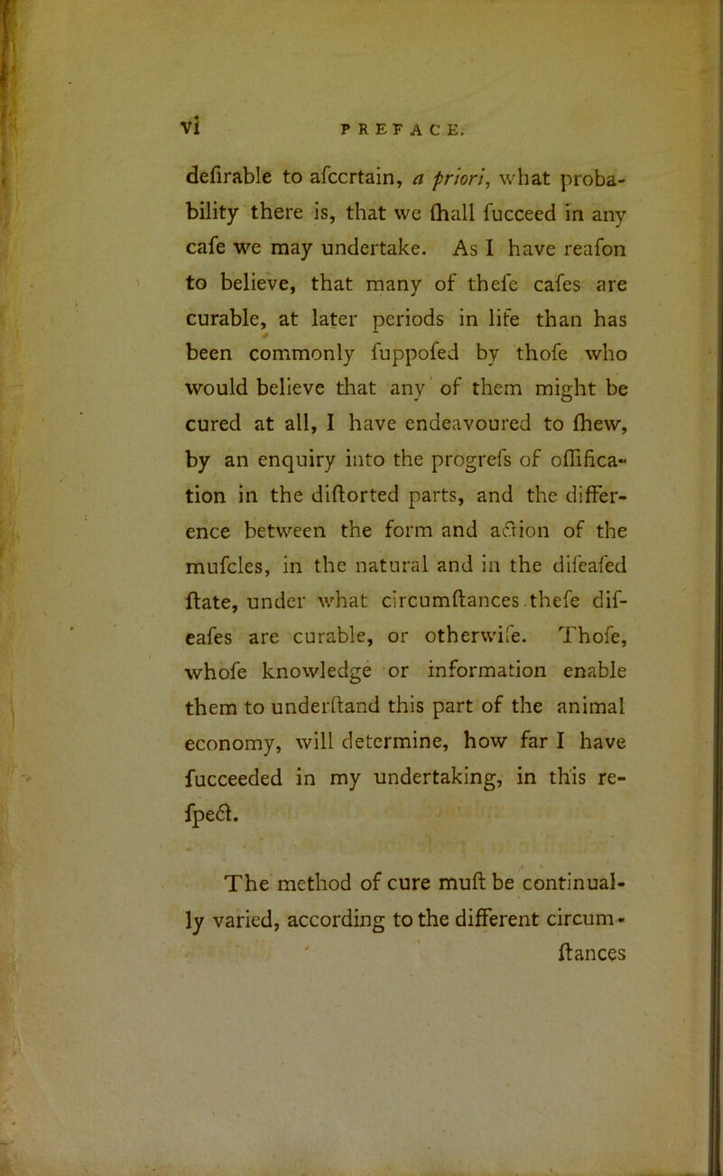 defirable to afccrtain, a priori, what proba- bility there is, that we (hall fucceed in any cafe we may undertake. As I have reafon to believe, that many of thefe cafes are curable, at later periods in life than has been commonly fuppofed by thofe who would believe that any' of them might be cured at all, I have endeavoured to fhew, by an enquiry into the progrefs of oflifica- tion in the diftorted parts, and the differ- ence between the form and adion of the mufcles, in the natural and in the difeafed ftate, under what circumftances thefe dif- eafes are curable, or otherwife. Thofe, whofe knowledge 'or information enable them to underftand this part of the animal economy, will determine, how far I have fucceeded in my undertaking, in this re- fped. V The method of cure muft be continual- ly varied, according to the different circum - ftances