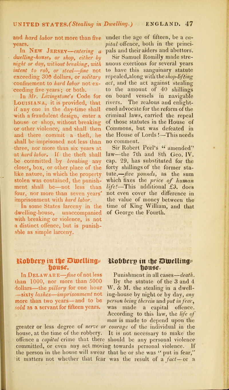 and hard labor not more than five years. In New Jersey—entering a dxvelling-kouse, or shop, either by night or day., without breaking, with intent to rob, or steal—fine not exceeding; 300 dollars, or solitary confinement to hard labor not ex- ceeding; five years; or both. In Mr. Livingstone’s Code for Louisiana, it is provided, that if any one in the day-time shall with a fraudulent design, enter a house or shop, without breaking or other violence, and shall then and there commit a theft, he shall be imprisoned not less than three, nor more than six years at at hard labor. If the theft shall -be committed by breaking any closet, box, or other place of the like nature, in which the property stolen was contained, the punish- ment shall be—not less than four, nor more than seven years’ imprisonment with hard labor. In some States larceny in the dwelling-house, unaccompanied with breaking or violence, is not a distinct offence, but is punish- able as simple larceny. under the age of fifteen, be a ca- pital offence, both in the princi- pals and their aiders and abettors. Sir Samuel Romilly made stre- nuous exertions for several years to have this sang;uinarv statute repealed,along with tlie shop-lifting act, and the act against stealing to the amount of 40 shillings on board vessels in navigable rivers. The zealous and enlight- ened advocate for the reform of the criminal laws, carried the repeal of those statutes in the House of Commons, but was defeated in the House of Lords !—This needs no comment. Sir Robert Peel’s “ amended” law—the 7th and 8th Geo. IV. cap. 29, has substituted for the forty shillings of the former sta- tute,—five pounds, as the sum which fixes the price of human life!—This additional £3. does not even cover the difference in the value of money between the time of King William, and that of George the Fourth. Eolitierj) in IDtoelUng::: liiotljeri) in ti^e S>U)eIling== In Delaware—fine of not less Punishment in all cases—death. than 1000, nor more than 5000 By the statute of the 3 and 4 dollars—pillory for one hour W. & M. the stealing in a dwell- —sixty lashes—imprisonment not ing-house by night or by day, any more than two years—and to be person being therein and put infear^ as a servant for fifteen years, was made a capital offence. According to this law, the life of man is made to depend upon the greater or less degree of nerve or courage of the individual in the house, at the time of the robbery. It is not necessary to make the offence a capital crime that there should be any personal violence committed, or even any act moving towards personal violence. If the person in the house will swear that he or she was “ put in fear,” it matters not whether that fear was the result of a /ac^—or a