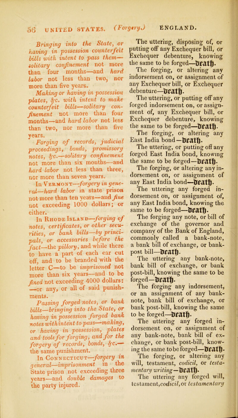 Bringing into the State, or having in possession counterfeit bills with intent to pass them— solitary confinement not more than four months—and hard labor not less than two, nor more than five years. Making or having in possession plates, ^c, with intent to make counterfeit bills—solitary con- finement not more than four months—and hard labor not less than two, nor more than five years. Forging of records, judicial proceedings, bonds, promissory notes, ^c.—solitary confinement not more than six months—and hard labor not less than three, nor more than seven years. In Vermont—/orrery in gene- ral—hard labor in state prison not more than ten years—andy?we not exceeding 1000 dollars; or either. In Rhode Island—of notes, certificates, or other secu- rities, or bank hills—by princi- pals, or accessaries before the jcLct—i\iC pillory, and while there to have a part of each ear cut off, and to be branded with the letter C—to be imprisoned not more than six years—and to be fined not exceeding 4000 dollars: or any, or all of said punish- ments. Passing forged notes, or bank hills—bringing into the State, or having in possession forged bank notes withintent to pass—“making, or having in possession, plates and tools for forging, and for the forgery of records, bonds, ^c.— the same punishment. In Connecticut—/orrery in general—imprisonment in the State prison not exceeding three years—and double damages to the party injured. The uttering, disposing of, or putting off any Exchequer bill, or Exchequer debenture, knowing the same to be forged— The forging, or altering any indorsement on, or assignment of any Exchequer bill, or Exchequer debenture— Heatft. The uttering, or putting off any forged indorsement on, or assign- ment of, any Exchequer bill, or Exchequer debenture, knowing the same to be forged—Heatft* The forging, or altering any East India bond— treatft. The uttering, or putting off any forged East India bond, knowing the same to be forged—HTatft. The forging, or altering any in- dorsement on, or assignment of any East India bond—ftTAlft* The uttering any forged in- dorsement on, or assignment of, any East India bond, knowing the same to be forged—HTatft* The forging any note, or bill of exchange of the governor and company of the Bank of England, commonly called a bank-note, a bank bill of exchange, or bank- post bill—tlTAtft. The uttering any bank-note, bank bill of exchange, or bank post-bill, knowing the same to be forged—tlMtft. The forging any indorsement, or an assignment of any bank- note, bank bill of exchange, or bank post-bill, knowing the same to be forged—HTAtft* The uttering any forged in- dorsement on, or assignment of any bank-note, bank bill of ex- change, or bank post-bill, know- ing the same to be forged—H^Atft* The forging, or altering any will, testament, codicil, or testa- mentary writing— HTAtft. The uttering any forged will, testament,coc/ecz7,or testamentary