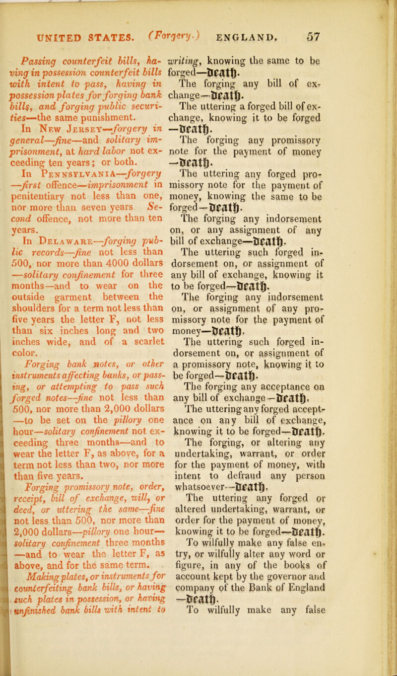 Passing counterfeit bills, ha- ving in possession counterfeit hills with intent to pass, having in possession plates for forging hank hillSf and forging public securi- the same punishment. In New Jersey---forgery in general—fine—and solitary im- prisonment, at hard labor not ex- ceeding ten years; or both. In Pennsylvania—/or^fer?/ —first offence—imprisonment in penitentiary not less than one, nor more than seven years Se- cond offence, not more than ten years. In Delaware—pub- lic records—fine not less than 500, nor more than 4000 dollars —solitary confinement for three months—and to wear on the outside garment between the shoulders for a term not less than five years the letter F, not less than six inches long and two inches wide, and of a scarlet color. Forging bank notes, or other instruments affecting banks, or pass- ing, or attempting to pass suck forged notes—fine not less than 500, nor more than 2,000 dollars —to be set on the pillory one hour—solitary confinement not ex- ceeding three months—and to wear the letter F, as above, for a term not less than two, nor more than five years. Forging promissory note, order, receipt, bill of exchange, willy or deed, or uttering the same—fine not less than 500, nor more than 2,000 dollars—pillory one hour— solitary confinement three months —and to wear the letter F, as above, and for the same term. Making plates, or instruments for counterfeiting hank hills, or having . such plates in possession, or having \ unfinished bank bills with intent to writing, knowing the same to be forged— The forging any bill of exr change—Ueiltt). The uttering a forged bill of ex- change, knowing it to be forged The forging any promissory note for the payment of money —lieatfj. The uttering any forged pro- missory note for the payment of money, knowing the same to be forged—tueatjft. The forging any indorsement on, or any assignment of any bill of exchange— The uttering such forged in- dorsement on, or assignment of any bill of exchange, knowing it to be forged— The forging any indorsement on, or assignment of any pro- missory note for the payment of money— The uttering such forged in- dorsement on, or assignment of a promissory note, knowing it to be forged— The forging any acceptance on any bill of exchange The uttering any forged accept- ance on any bill of exchange, knowing it to be forged^ trratt. The forging, or altering any undertaking, warrant, or order for the payment of money, with intent to defraud any person whatsoever— The uttering any forged or altered undertaking, warrant, or order for the payment of money, knowing it to be forged— To wilfully make any false en- try, or wilfully alter any word or figure, in any of the books of account kept by the governor and company of the Dank of England —tseatt) To wilfully make any false