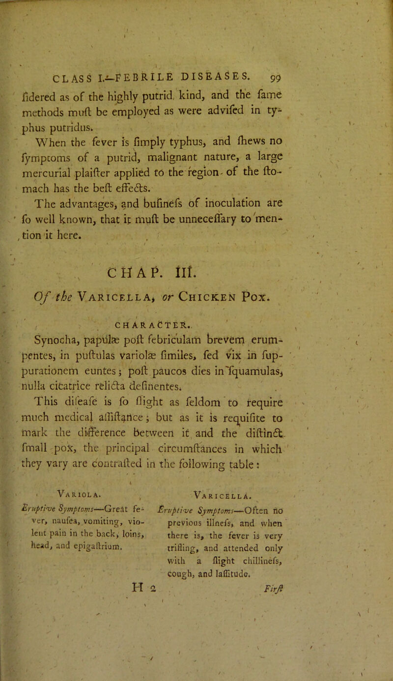 Iidered as of the highly putrid, kind, and the fame methods miift be employed as were advifed in ty^ phus putriduSk ' When the fever is fimply typhus, and ftiews no fympcoms of a putrid, malignant nature, a large mercurial plaifter applied to the region- of the fto- mach has the beft efFedts. The advantages, and bufinefs of inoculation are ' fo well known, that ip muft be unneceffary to^men- , tion it here. ' , , • \ : , ' CHAP. lit. Of the Varicella, or Chicken Pox. \ , ' ' ■ ' , character., Synocha, papdlse poll febric'ulam brevem erum- pentes, in puftiilas variolae fimiles, fed vix in fup- purationem euntes; poll paucos dies inTquamulasj nulla cicatrice relidta definentes* This dileafe is fo flight as feldom to require , much medical alfift^nce; but as it is requifite to mark the difference between if, and the diftindt fmall-poX, the principal circumftances in which , they vary are contralted in the following table: I Variola. Erupti’vt Symptomfe- ver, naufea, vomiting, vio- lent pain in the back, loins, head, and epigallrium. H 2 Varicella. Eruptive Symptoms—Often no previous illnefs, and when there is, the fever is very trifling, and attended only with a flight chillinefs, cough, and lalCtudo. Firjl ~ /