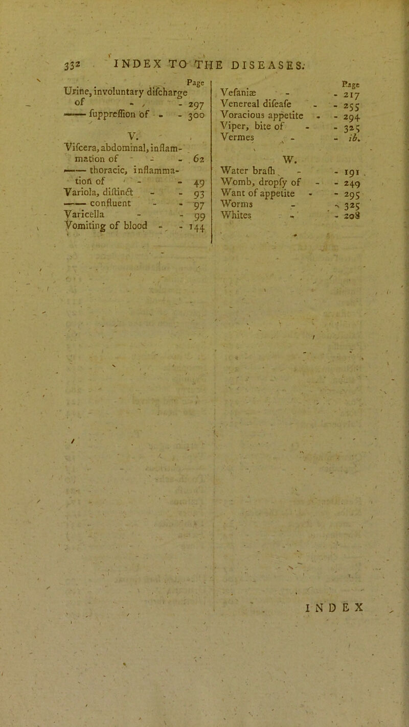 Urine, involuntary difcharge of - , . 297 —— fuppreflion of - - - 300 V. ' Yifcera, abdominal, inflam-  mation of - - - . 62 —— thoracic, inflamma- • tioft of ' - “49 Variola, diftinft .. - 93 confluent - * P7 Varicella - - 99 Vomiting of blood -144 « • i> Vefaniae * - Venereal difeafe Voracious appetite Viper, bite of Vermes ^ A w. Water bra(h. Womb, dropfy of Want of appetite Worms Whites r - ■ Rage - 217 - 255 - 294 - 32? - lb. - 191 - 249 “ 29s •' 325 . 2o3 * INDEX