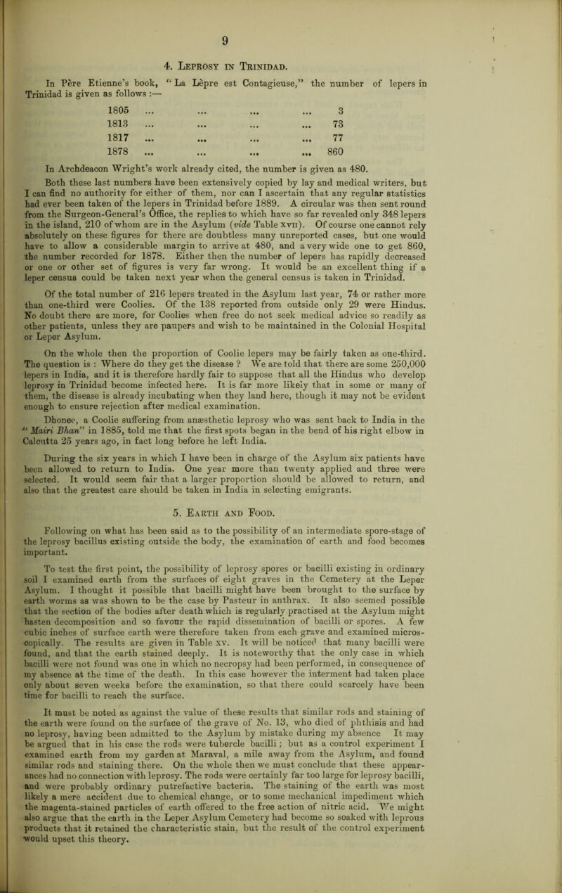 4. Leprosy in Trinidad. In Pere Etienne’s book, “ La Lepre est Contagieuse,” the number of lepers in Trinidad is given as follows :— 1805 ... 3 1813 ... 73 1817 ... • •• 77 1878 ... ... ... 860 In Archdeacon Wright’s work already cited, the number is given as 480. Both these last numbers have been extensively copied by lay and medical writers, but I can find no authority for either of them, nor can I ascertain that any regular statistics had ever been taken of the lepers in Trinidad before 1889. A circular was then sent round from the Surgeon-General’s Office, the replies to which have so far revealed only 348 lepers in the island, 210 of whom are in the Asylum (vide Table xvii). Of course one cannot rely absolutely on these figures for there are doubtless many unreported cases, but one would have to allow a considerable margin to arrive at 480, and a very wide one to get 860, the number recorded for 1878. Either then the number of lepers has rapidly decreased or one or other set of figures is very far wrong. It would be an excellent thing if a leper census could be taken next year when the general census is taken in Trinidad. Of the total number of 216 lepers treated in the Asylum last year, 74 or rather more than one-third were Coolies. Of the 138 reported from outside only 29 were Hindus. No doubt there are more, for Coolies when free do not seek medical advice so readily as other patients, unless they are paupers and wish to be maintained in the Colonial Hospital or Leper Asylum. On the whole then the proportion of Coolie lepers may be fairly taken as one-third. The question is : Where do they get the disease ? We are told that there are some 250,000 lepers in India, and it is therefore hardly fair to suppose that all the Hindus who develop leprosy in Trinidad become infected here. It is far more likely that in some or many of them, the disease is already incubating when they land here, though it may not be evident enough to ensure rejection after medical examination. Dhonee, a Coolie suffering from anaesthetic leprosy who was sent back to India in the ■“ Mairi Bhan” in 1885, told me that the first spots began in the bend of his right elbow in Calcutta 25 years ago, in fact long before he left India. During the six years in which I have been in charge of the Asylum six patients have been allowed to return to India. One year more than twenty applied and three were selected. It would seem fair that a larger proportion should be allowed to return, and also that the greatest care should be taken in India in selecting emigrants. 5. Earth and Food. Following on what has been said as to the possibility of an intermediate spore-stage of the leprosy bacillus existing outside the body, the examination of earth and food becomes important. To test the first point, the possibility of leprosy spores or bacilli existing in ordinary soil I examined earth from the surfaces of eight graves in the Cemetery at the Leper Asylum. I thought it possible that bacilli might have been brought to the surface by earth worms as was shown to be the case by Pasteur in anthrax. It also seemed possible that the section of the bodies after death which is regularly practised at the Asylum might hasten decomposition and so favour the rapid dissemination of bacilli or spores. A few cubic inches of surface earth were therefore taken from each grave and examined micros- •copically. The results are given in Table xv. It will be noticed that many bacilli were found, and that the earth stained deeply. It is noteworthy that the only case in which bacilli were not found was one in which no necropsy had been performed, in consequence of my absence at the time of the death. In this case however the interment had taken place only about seven weeks before the examination, so that there could scarcely have been time for bacilli to reach the surface. It must be noted as against the value of these results that similar rods and staining of the earth were found on the surface of the grave of No. 13, who died of phthisis and had no leprosy, having been admitted to the Asylum by mistake during my absence It may be argued that in his case the rods were tubercle bacilli; but as a control experiment I examined earth from my garden at Maraval, a mile away from the Asylum, and found similar rods and staining there. On the whole then we must conclude that these appear- ances had no connection with leprosy. The rods were certainly far too large for leprosy bacilli, and were probably ordinary putrefactive bacteria. The staining of the earth was most likely a mere accident due to chemical change, or to some mechanical impediment which the magenta-stained particles of earth offered to the free action of nitric acid. We might also argue that the earth in. the Leper Asylum Cemetery had become so soaked with leprous products that it retained the characteristic stain, but the result of the control experiment would upset this theory.