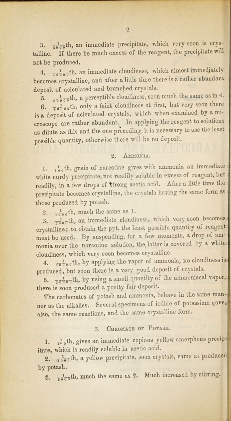 3. an immediate precipitate, wliicli very soon is crys- talline. If there be much excess of the reagent, the precipitate will not be produced. 4. immediate cloudiness, which almost immediately becomes crystalline, and after a little time there is a rather abundant deposit of aciculated and branched crystals. 5. ooth, a perceptible cloudiness, soon much the same as in 4. 6. only a faint cloudiness at first, but very soon there is a deposit of aciculated crystals, which when examined by a mi- croscope are rather abundant.^ In applying the reagent to solutions as dilute as this and the one preceding, it is necessary to use the least possible quantity, otherwise there will be no deposit. 2. Ammonia. 1. grain of narcotine gives with ammonia an immediate- white curdy precipitate, not readily soluble in excess of reagent, but. readily, in a few drops of strong acetic acid. After a little time the ! precipitate becomes crystalline, the crystals having the same form ass those produced by potash. 2. T6oo^^> much the same as ]. 3* immediate cloudiness, which very soon becomess crystalline; to obtain the ppt. the least possible quantity of reagentt must be used. By suspending, for a few moments, a drop of am-- monia over the narcotine solution, the latter is covered by a white. cloudiness, which very soon becomes crystalline. 4. by applying the vapor of ammonia, no cloudiness is- produced, but soon there is a very good deposit of crystals. 5. __.J.^_th, by using a small quantity of the ammoniacal vapor,’ there is soon produced a pretty fair deposit. - The carbonates of potash and ammonia, behave in the same man- ner as the alkalies. Several specimens of iodide of potassium gave,*, also, the same reactions, and the same crystalline form. i 3. Chromate of Potash. 1. TO 17th, gives an immediate copious yellow amorphous precip-' t itate, which is readily soluble in acetic acid. 2. a yellow precipitate, soon crystals, same as producec : by potash. 3. much the same as 2, Much increased by stirring.