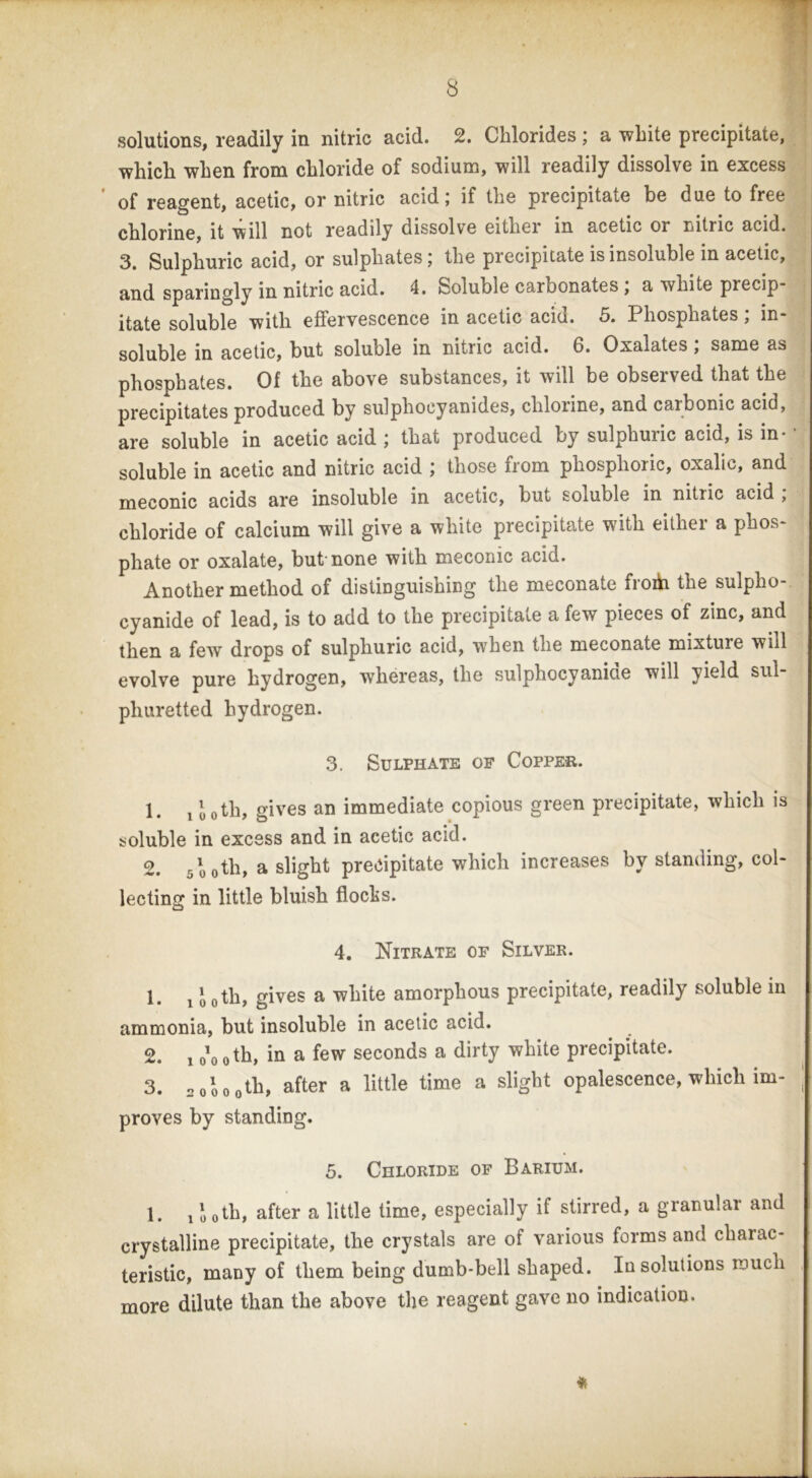 solutions, readily in nitric acid. 2. Chlorides ; a white precipitate,« which when from chloride of sodium, will readily dissolve in excess* ' of reagent, acetic, or nitric acid; if the precipitate be due to free* chlorine, it will not readily dissolve either in acetic or nitric acid.^ ' 3. Sulphuric acid, or sulphates; the precipitate is insoluble in acetic,| and sparingly in nitric acid. 4. Soluble carbonates ; a white precip- itate soluble with effervescence in acetic acid. 5. Phosphates; in-^i soluble in acetic, but soluble in nitric acid. 6. Oxalates; same as 1 phosphates. Of the above substances, it will be observed that the | precipitates produced by sulphocyanides, chlorine, and carbonic acid, | are soluble in acetic acid ; that produced by sulphuric acid, is in* |- soluble in acetic and nitric acid ; those from phosphoric, oxalic, and meconic acids are insoluble in acetic, but soluble in nitric acid , chloride of calcium will give a white precipitate with either a phos> ' phate or oxalate, but none with meconic acid. Another method of distinguishing the meconate froih the sulpho- cyanide of lead, is to add to the precipitate a few pieces of zinc, and then a few drops of sulphuric acid, when the meconate mixture will evolve pure hydrogen, whereas, the sulphocyanioe will yield sul- phuretted hydrogen. 3. Sulphate of Copper. 1. 1 ioth, gives an immediate copious green precipitate, which is soluble in excess and in acetic acid. 2. sloth, a slight precipitate which increases by standing, col- lecting in little bluish flochs. 4, Nitrate of Silver. 1. 1 *0 oth, gives a white amorphous precipitate, readily soluble in ammonia, but insoluble in acetic acid. 2. 1 o'o oth, in a few seconds a dirty white precipitate. 3. oolooth, after a little time a slight opalescence, which im- | proves by standing. 5. Chloride of Barium. 1. 1 i oth, after a little time, especially if stirred, a granular and crystalline precipitate, the crystals are of various forms and charac- teristic, many of them being dumb-bell shaped. In solutions much more dilute than the above the reagent gave no indication. *