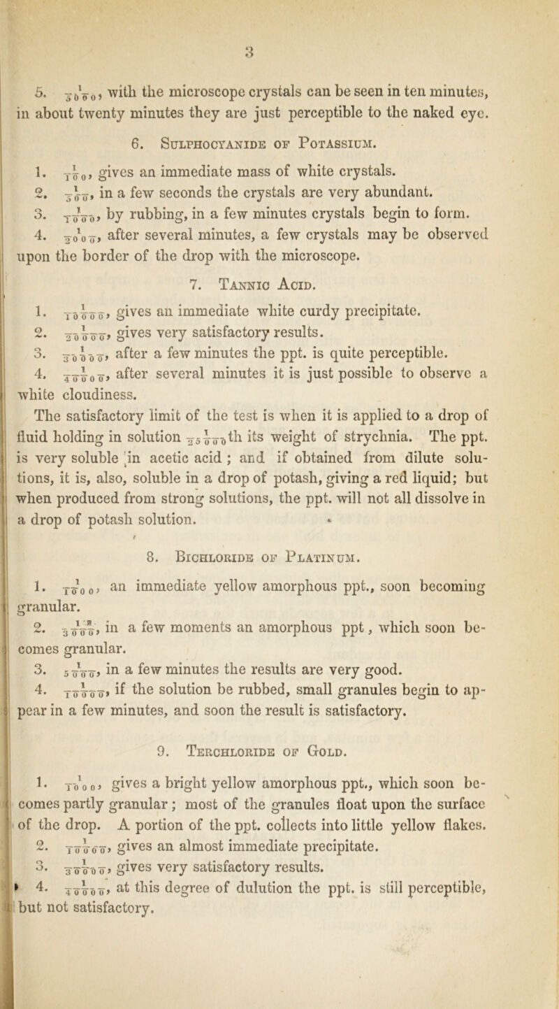 in about twenty minutes they are just perceptible to the naked eye. 6. SuLFHOCYANIDE OF POTASSIUM. 1. -j40, gives an immediate mass of white crystals. 2. ^ J-7# in a few seconds the crystals are very abundant. 3. T™, by rubbing, in a few minutes crystals begin to form. 4. after several minutes, a few crystals may be observed upon the border of the drop with the microscope. 7. Tannic Acid. 1 1. To^oo> gives an immediate white curdy precipitate. 2. roioo> gives very satisfactory results. 3. 3oioo» after a few minutes the ppt. is quite perceptible. 4. 4o4oo> a^ter several minutes it is just possible to observe a i white cloudiness. The satisfactory limit of the test is when it is applied to a drop of fluid holding in solution ^P^th its weight of strychnia. The ppt. is very soluble 4n acetic acid ; and if obtained from dilute solu- tions, it is, also, soluble in a drop of potash, giving a red liquid; but when produced from strong solutions, the ppt. will not all dissolve in a drop of potash solution. / 8. Bichloride of Platinum. 1. T^00, an immediate yellow amorphous ppt., soon becoming ] granular. 2. 3 o1of> m a few moments an amorphous ppt, which soon be- comes granular. 3. 5 oVf> m a few minutes the results are very good. 4. Toio o» if the solution be rubbed, small granules begin to ap- « pear in a few minutes, and soon the result is satisfactory. 9. Terchloride of Gold. 1. to'ooj gives a bright yellow amorphous ppt., which soon be- comes partly granular ; most of the granules float upon the surface of the drop. A portion of the ppt. collects into little yellow flakes. 2. toxtoq-, gives an almost immediate precipitate. 3. 3oroo> gives very satisfactory results. ► 4. 4 ottof* af this degree of dulution the ppt. is still perceptible, 1 but not satisfactory.