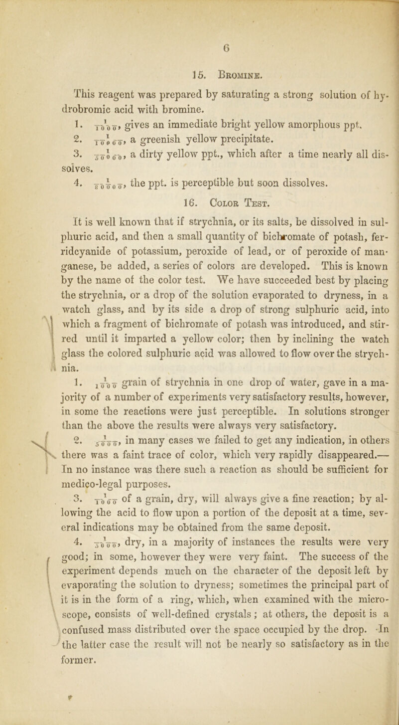 15. Bromine. This reagent was prepared by saturating a strong solution of hy- drobromic acid with bromine. 1. Tvoo» gives an immediate bright yellow amorphous ppt 2. ToJoo> a greenish yellow precipitate. 3. 5oo<ro> a dirty yellow ppt., which after a time nearly all dis- solves. 4. joiro o> ^ie PP** Percepdble but soon dissolves. 16. Color Test. It is well known that if strychnia, or its salts, be dissolved in sul- phuric acid, and then a small quantity of bichromate of potash, fer- ridcyanide of potassium, peroxide of lead, or of peroxide of man- ganese, be added, a series of colors are developed. This is known by the name of the color test. We have succeeded best by placing the strychnia, or a drop of the solution evaporated to dryness, in a watch glass, and by its side a drop of strong sulphuric acid, into which a fragment of bichromate of potash was introduced, and stir- red until it imparted a yellow color; then by inclining the watch glass the colored sulphuric acid was allowed to flow over the strych- .» nia. 1. j jpo o grain of strychnia in one drop of water, gave in a ma- jority of a number of experiments very satisfactory results, however, in some the reactions were just perceptible. In solutions stronger than the above the results were always very satisfactory. 2. 5 o1<nr> m many cases we failed to get any indication, in others there was a faint trace of color, which very rapidly disappeared.— In no instance was there such a reaction as should be sufficient for medico-legal purposes. 3. jo oo of a grain, dry, will always give a fine reaction; by al- lowing the acid to flow upon a portion of the deposit at a time, sev- eral indications may be obtained from the same deposit. 4* xoVo> dry, in a majority of instances the results were very good; in some, however they were very faint. The success of the experiment depends much on the character of the deposit left by evaporating the solution to dryness; sometimes the principal part of it is in the form of a ring, which, when examined with the micro- scope, consists of well-defined crystals; at others, the deposit is a confused mass distributed over the space occupied by the drop. In the latter case the result will not be nearly so satisfactory as in the former.