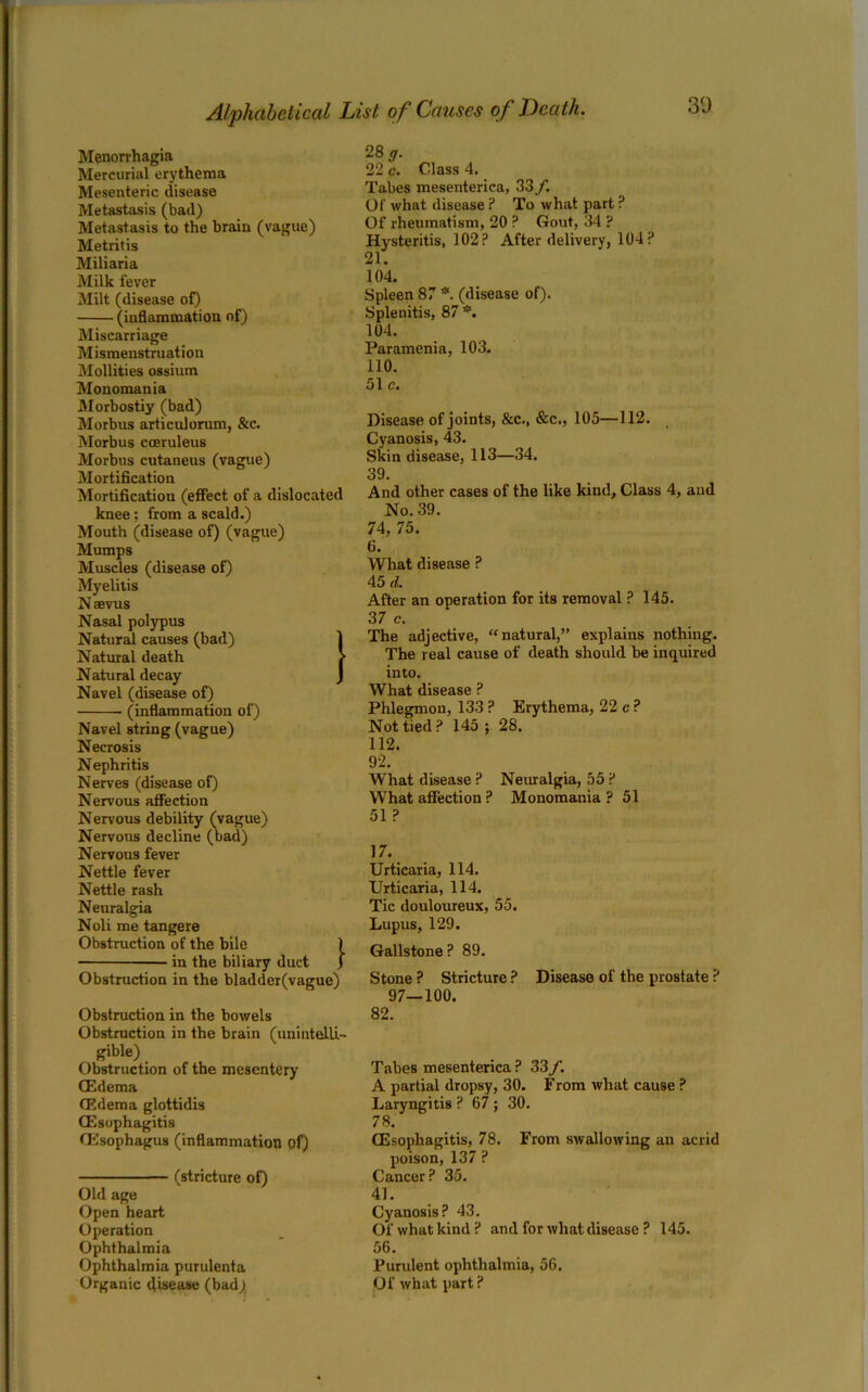 3fJ Menorrhagia Mercurial erythema Mesenteric disease Metastasis (bad) Metastasis to the brain (vague) Metritis Miliaria Milk fever Milt (disease of) (inflammation of) Miscarriage Mismenstruation Mollifies ossium Monomania Morbostiy (bad) Morbus articulorum, &c. Morbus cceruleus Morbus cutaneus (vague) Mortification Mortification (effect of a dislocated knee; from a scald.) Mouth (disease of) (vague) Mumps Muscles (disease of) Myelitis Naevus Nasal polypus Natural causes (bad) Natural death / Natural decay J Navel (disease of) (inflammation of) Navel string (vague) Necrosis Nephritis Nerves (disease of) Nervous affection Nervous debility (vague) Nervous decline (bad) Nervous fever Nettle fever Nettle rash Neuralgia Noli me tangere Obstruction of the bile ) in the biliary duct J Obstruction in the bladder(vague) Obstruction in the bowels Obstruction in the brain (unintelli- gible)_ Obstruction of the mesentery CEdema (Edema glottidis (Esophagitis (Esophagus (inflammation of) (stricture of) Old age Open heart Operation Ophthalmia Ophthalmia purulenta Organic disease (bad; 28 g. 22 c. Class 4. Tabes mesenterica, 33/. Of what disease ? To what part ? Of rheumatism, 20 ? Gout, 34 ? Hysteritis, 102? After delivery, 104? 21. 104. Spleen 87 * (disease of). Splenitis, 87 *. 104. Paramenia, 103. 110. 51 c. Disease of joints, &c., &c., 105—112. Cyanosis, 43. Skin disease, 113—34. 39. And other cases of the like kind. Class 4, and No. 39. 74, 75. 6. What disease ? 45 d. After an operation for its removal ? 145. 37 c. The adjective, “natural,” explains nothing. The real cause of death should be inquired into. WVini' rlicpqcp ^ Phlegmon, 133 ? Erythema, 22 c ? Not tied ? 145 ; 28. 112. 92. What disease ? Neuralgia, 55 ? What affection ? Monomania ? 51 51 ? 17. Urticaria, 114. Urticaria, 114. Tic douloureux, 55. Lupus, 129. Gallstone ? 89. Stone ? Stricture ? Disease of the prostate ? 97—100. 82. Tabes mesenterica ? 33 f. A partial dropsy, 30. From what cause ? Laryngitis ? 67 ; 30. 78. (Esophagitis, 78. From swallowing an acrid poison, 137 ? Cancer? 35. 41. Cyanosis? 43. Of what kind? and for what disease ? 145. 56. Purulent ophthalmia, 56. Of what part ?