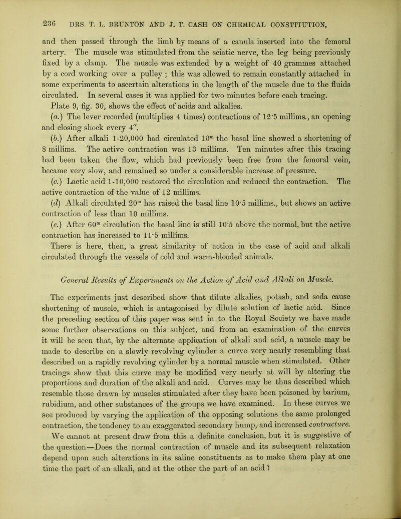and then passed through the limb by means of a carmla inserted into the femoral artery. The muscle was stimulated from the sciatic nerve, the leg being previously fixed by a clamp. The muscle was extended by a weight of 40 grammes attached by a cord working over a pulley ; this was allowed to remain constantly attached in some experiments to ascertain alterations in the length of the muscle due to the fluids circulated. In several cases it was applied for two minutes before each tracing. Plate 9, fig. 30, shows the effect of acids and alkalies. (a.) The lever recorded (multiplies 4 times) contractions of 12'5 millims., an opening and closing shock every 4. (b.) After alkali 1-20,000 had circulated 10m the basal line showed a shortening of 8 millims. The active contraction was 13 millims. Ten minutes after this tracing had been taken the flow, which had previously been free from the femoral vein, became very slow, and remained so under a considerable increase of pressure. (c.) Lactic acid 1-10,000 restored the circulation and reduced the contraction. The active contraction of the value of 12 millims. (d) Alkali circulated 20m has raised the basal line 10‘5 millims., but shows an active contraction of less than 10 millims. (e.) After 60m circulation the basal line is still 10‘5 above the normal, but the active contraction has increased to 11*5 millims. There is here, then, a great similarity of action in the case of acid and alkali circulated through the vessels of cold and warm-blooded animals. General Results of Experiments on the Action of Acid and Alkali on Muscle. The experiments just described show that dilute alkalies, potash, and soda cause shortening of muscle, which is antagonised by dilute solution of lactic acid. Since the preceding section of this paper was sent in to the Royal Society we have made some further observations on this subject, and from an examination ol the curves it will be seen that, by the alternate application of alkali and acid, a muscle may be made to describe on a slowly revolving cylinder a curve very nearly resembling that described on a rapidly revolving cylinder by a normal muscle when stimulated. Other tracings show that this curve may be modified very nearly at will by altering the proportions and duration of the alkali and acid. Curves may be thus described which resemble those drawn by muscles stimulated after they have been poisoned by barium, rubidium, and other substances of the groups we have examined. In these curves we see produced by varying the application of the opposing solutions the same prolonged contraction, the tendency to an exaggerated secondary hump, and increased contracture. We cannot at present draw from this a definite conclusion, but it is suggestive of the question—Does the normal contraction of muscle and its subsequent relaxation depend upon such alterations in its saline constituents as to make them play at one time the part of an alkali, and at the other the part of an acid ?