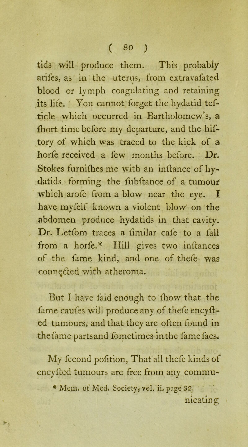 tids will produce them. This probably arifes, as in the uterus, from extravafated blood or lymph coagulating and retaining its life. You cannot forget the hydatid tef- ticle which occurred in Bartholomew’s, a fhort time before my departure, and the hif- tory of which was traced to the kick of a horfe received a few months before. Dr. Stokes furnifhes me with an inftance of hy- datids forming the fubftance of a tumour which arofe from a blow near the eye. I have myfelf knowm a violent blow on the abdomen produce hydatids in that cavity. Dr. Letfom traces a fimilar cafe to a fall from a horfe.* Hill gives tw^o inftances of the fame kind, and one of thefe was conn^dted with atheroma. But I have faid enough to fhow that the fame caufes will produce any of thefe encyft- ed tumours, and that they are often found in the fame parts and fometimes in the famefacs. My fecond pofition, That all thefe kinds of encyfted tumours are free from any commu- * Mem. of Med. Society, vol. ii, pnge 32. nicating