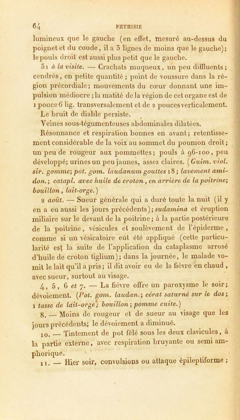 lumineux que le gauche (en effet, mesuré au-dessus du poignet et du coude, il a 3 lignes de moins que le gauche); lepouls droit est aussi plus petit que le gauche. 5i à la visite. — Crachats muqueux, un peu difiluents; cendrés, en petite quantité ; point de voussure dans la ré- gion précordiale; mouvements du cœur donnant une im- pulsion médiocre ; la matité de la région de cet organe est de 1 pouce 6 lig. transversalement et de 2 pouces verticalement. Le bruit de diable persiste. Veines sous-tégumenteuses abdominales dilatées. Résonnance et respiration bonnes en avant; retentisse- ment considérable de la voix au sommet du poumon droit ; un peu de rougeur aux pommettes; pouls à 96-100, peu développé; ui'ines un peu jaunes, assez claires. [Guim.viol. sir. gomme; pot. gom. laudanum gouttes 18 ; lavement ami- don. ; catapl. avec huile de croton, en arrière de la poitrine; bouillon J lait-orge.) 2 août. — Sueur générale qui a duré toute la nuit ( il y en a eu aussi les jours précédents); surfai/ima et éruption miliaire sur le devant de la poitrine ; à la partie postérieure de la poitrine, vésicules et soulèvement de l’épiderme, comme si un vésicatoire eût été appliqué (cette particu- larité est suite de l’application du cataplasme arrosé d’huile de croton tiglium); dans la journée, le malade vo- mit le lait qu’il a pris ; il dit avoir eu de la fièvre en chaud , avec sueur, surtout au visage. 4, 5, G 7. — La fièvre offre un paroxysme le soir; dévoiement. [Pot. gom. laudan.; cérat saturné sur le dos; 1 tasse de lait-orge* bouillon; pomme cuite.) 8, — Moins de rougeur et de sueur au visage que les jours précédents; le dévoiement a diminué. 10. — Tintement de pot fêlé sous les deux clavicules, à la partie externe, avec respiration bruyante ou semi am- phorique. 11. — Hier soir, convulsions ou attaque épileptiforme ;