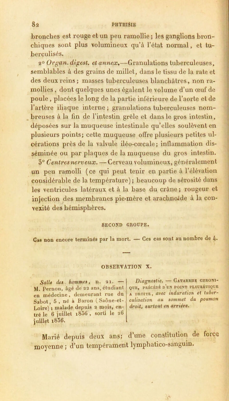 bronches est rouge et un peu ramollie ; les ganglions bron- chiques sont plus volumineux qu’à l’état normal, et tu- berculisés. 2“ Organ. digest. et annex,—Granulations tuberculeuses, semblables à des grains de millet, dans le tissu de la rate et des deux reins; masses tuberculeuses blanchâtres, non ra- mollies , dont quelques unes égalent le volume d’un œuf de poule, placées le long de la partie inférieure de l’aorte et de l’artère iliaque interne ; granulations tuberculeuses nom- breuses à la fin de l’intestin grêle et dans le gros intestin, déposées sur la muqueuse intestinale qu’elles soulèvent en plusieurs points; cette muqueuse offre plusieurs petites ul- cérations près de la valvule iléo-cœcale; inflammation dis- séminée ou par plaques de la muqueuse du gros intestin. 3° Centres nerveux. — Cerveau volumineux, généralement un peu ramolli (ce qui peut tenir en partie à l’élévation considérable de la température); beaucoup de sérosité dans les ventricules latéraux et à la base du crâne ; rougeur et injection des membranes pie-mère et arachnoïde à la con- vexité des hémisphères. SECOND GROUPE. Cal non encore terminés par la mort. — Ces cas sont au nombre de 4« OBSERVATION X. Salle des hommes, n. ai. — M. Pernon, âgé dé 22 ans, étudiant en médecine, demeurant rue du Sabot, 5 , né à Baron (Saône-et- Loire) 1 malade depuis 2 mois, en- tré le 6 juillet i856 , sorti le 26 juillet i836, Diagnostic. — CATAnnna cnaoni- QUE, PRÉCÉDÉ d’un POINT PLEURÉTIQUE A DROITE, avec induration et tuber- culisation au sommet du poumon droit, surtout en arriére. Marié depuis deux ans; d’une constitution de force moyenne ; d’un tempérament lymphatico-sanguin.