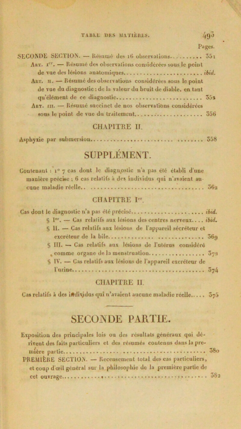 TAULL UhS il.Vn£IU^6. 4yj Pages. StCOiNPli SECTION. — Ué.>>[uué des id obsorvalioiis 351 Aht. i'. — l\ésunié des ol)$ervalioiis conî-idcrées sous le point de \ue des Ic.sious analuniiques ibiil. Aar. n. — Ilésumé des observations con.sidôrées sous le point de vue du diagnostic ; de la valeur du bruit de diable, en tant qu’élément de ce diagnostic 55i Abt. III. — Itésunié succinct de nos observations considérées sous le point de vue du Iraiteinuut 356 CHAPITRE II. Asphyxie par submersion 358 SUPPLÉMENT. Coutcuaul : 1° 7 cas dont le diagu.ostic n'a pas été établi d'une manière précise ; 6 cas relatifs à des iudividus r|ui n'avaient au cune maladie réelle 36u CHAPITRE I. Cas dont le diagnostic n’a pa.s été précisé ibid. % 1. — Cas relatifs aux lésions des centres nerveux.. .. ibid. $ U. — Cas relatifs aux lésions de l'appareil sécréteur et excréteur de la bile 369 S III. — Cas relatifs aux lésions de l'utérus considéré 4 comme organe de la menstruation 37a S IV. — Cas relatifs aux lésion.s de l'appareil excréteur de l'urine 374 CHAPITRE II Cas relatifs li des individus qui n’avaient aucune maladie réelle Syo SECONDE PARTIE. Exposition des principales lois ou des résultats généraux qui dé- rivent des faits particuliers et des résumés contenus dans la pre- mière partie 38o PRE;MlfeUE SECTION. — rieceusement total des cas particuliers, et coup d'œil général sur la philosophie de la première partie de cet ouvrage 38a