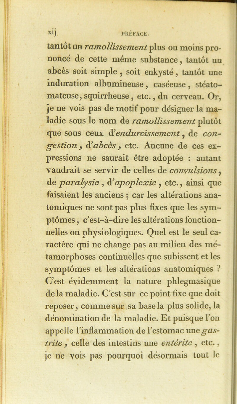 tantôt un ramollissement plus ou moins pro- nonce de cette même substance, tantôt un abcès soit simple , soit enkysté, tantôt une induration albumineuse, caséeuse, stéato- mateuse, squirrheuse , etc., du cerveau. Or, je ne vois pas de motif pour désigner la ma- ladie sous le nom de ramollissement plutôt que sous ceux d'endurcissement, de con- gestion , à!abcès, etc. Aucune de ces ex- pressions ne saurait être adoptée : autant vaudrait se servir de celles de convulsions, de paralysie , d'apoplexie , etc., ainsi que faisaient les anciens ; car les altérations ana- tomiques ne sont pas plus fixes que les sym- ptômes , c'est-à-dire les altérations fonction- nelles ou physiologiques. Quel est le seul ca- ractère qui ne change pas au milieu des mé- tamorphoses continuelles que subissent et les symptômes et les altérations anatomiques ? C'est évidemment la nature phlegmasique delà maladie. C'est sur ce point fixe que doit reposer, comme sur sa base la plus solide, la dénomination de la maladie. Et puisque l'on appelle l'inflammation de l'estomac une gas- trite ? celle des intestins une entérite , etc., je ne vois pas pourquoi désormais tout le