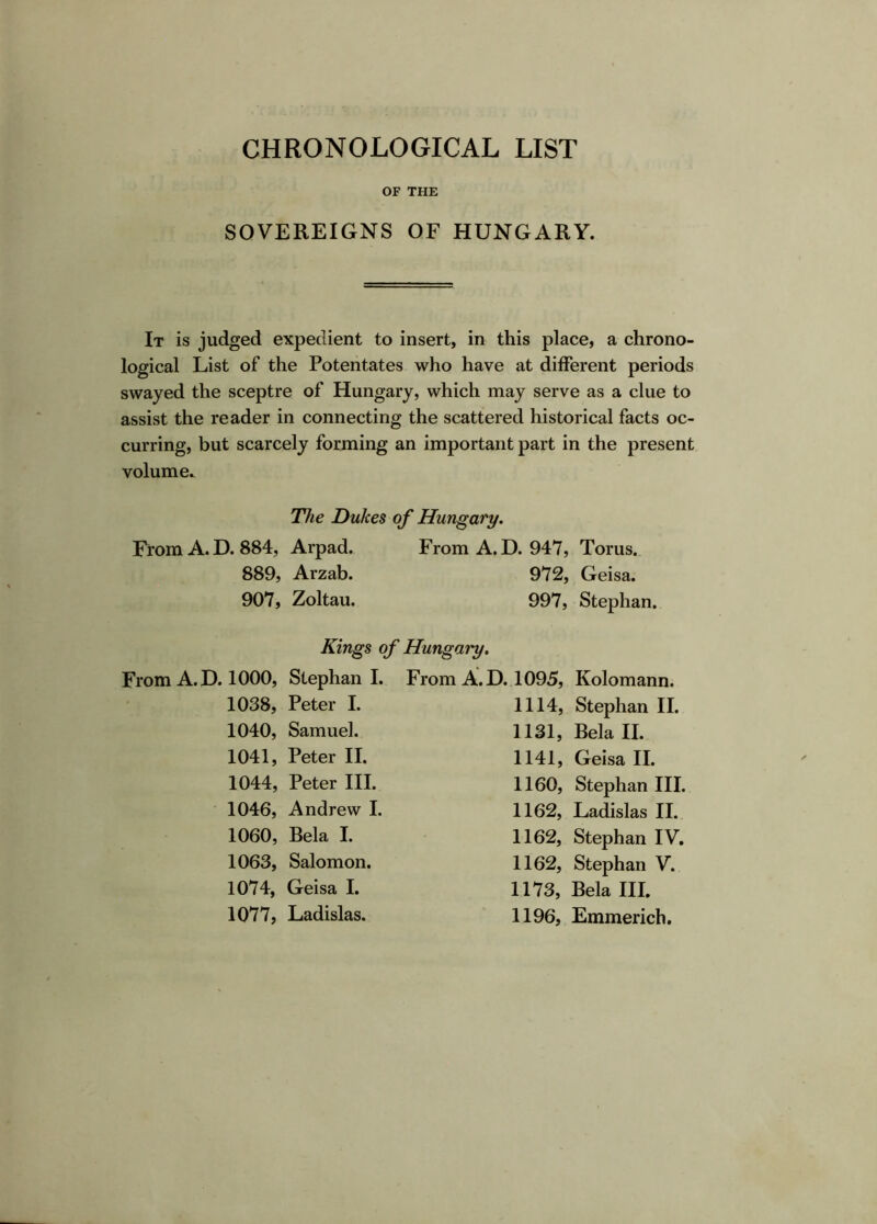 CHRONOLOGICAL LIST OF THE SOVEREIGNS OF HUNGARY. It is judged expedient to insert, in this place, a chrono- logical List of the Potentates who have at different periods swayed the sceptre of Hungary, which may serve as a clue to assist the reader in connecting the scattered historical facts oc- curring, but scarcely forming an important part in the present volume.. The Dukes of Hungary. From A. D. 884, Arpad. From A. D. 947, Torus. 889, Arzab. 972, Geisa. 907, Zoltau. 997, Stephan. Kings of Hungary. From A.D. 1000, Stephan I. 1038, Peter I. 1040, Samuel. 1041, Peter II. 1044, Peter III. 1046, Andrew I. 1060, Bela I. 1063, Salomon. 1074, Geisa I. 1077, Ladislas. From A. D. 1095, Kolomann. 1114, Stephan II. 1131, Bela II. 1141, Geisa II. 1160, Stephan III. 1162, Ladislas II. 1162, Stephan IV, 1162, Stephan V. 1173, Bela III. 1196, Emmerich.