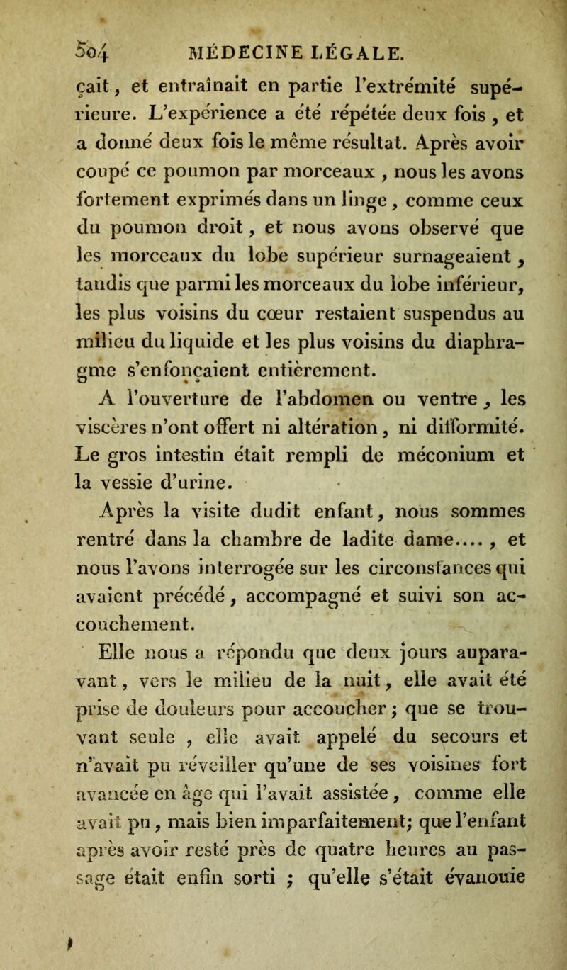 çait, et entraînait en partie l’extrémité supé- rieure. L’expérience a été répétée deux fois , et a donné deux fois le même résultat. Après avoir coupé ce poumon par morceaux , nous les avons fortement exprimés dans un linge, comme ceux du poumon droit, et nous avons observé que les morceaux du lobe supérieur surnageaient , tandis que parmi les morceaux du lobe inférieur, les plus voisins du cœur restaient suspendus au milieu du liquide et les plus voisins du diaphra- gme s’enfoncaient entièrement. A l’ouverture de l’abdomen ou ventre les viscères n’ont offert ni altération, ni difformité. Le gros intestin était rempli de méconium et la vessie d’urine. Après la visite dudit enfant, nous sommes rentré dans la chambre de ladite dame— , et nous l’avons interrogée sur les circonstances qui avaient précédé, accompagné et suivi son ac- couchement. Elle nous a répondu que deux jours aupara- vant , vers le milieu de la nuit, elle avait été prise de douleurs pour accoucher ; que se trou- vant seule , elle avait appelé du secours et n’avait pu réveiller qu’une de ses voisines fort avancée en âge qui l’avait assistée , comme elle avait pu, mais bien imparfaitement; que l’enfant après avoir resté près de quatre heures au pas- sage était enfin sorti ; qu’elle s’était évanouie