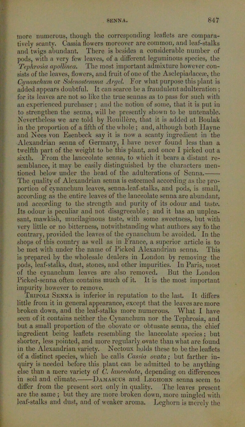 more numerous, though the corresponding leaflets are compara- tively scanty. Cassia flowers moreover are common, and leaf-stalks and twigs abundant. There is besides a considerable number of pods, with a very few leaves, of a different leguminous species, the Tephrosia apoJlinea. The most important admixture however con- sists of the leaves, flowers, and fruit of one of the Asclepiadacese, the Cynanchum or Solenostnnma Argel. For what purpose this plant is added appears doubtful. It can scarce be a fraudulent adulteration ; for its leaves are not so like the true sennas as to pass for such with an experienced purchaser ; and the notion of some, that it is put in to strengthen the senna, will be presently shown to be untenable. Nevertheless we are told by Rouillere, that it is added at Boulak in the proportion of a fifth of the whole; and, although both llayne and Nees von Esenbeck say it is now a scanty ingredient in the Alexandrian senna of Germany, I have never found less than a twelfth part of the weight to be this plant, and once I picked out a sixth. From the lanceolate senna, to which it bears a distant re- semblance, it may be easily distinguished by the characters men- tioned below under the head of the adulterations of Senna. The quality of Alexandrian senna is esteemed according as the pro- portion of cynanchum leaves, senna-leaf-stalks, and pods, is small, according as the entire leaves of the lanceolate senna are abundant, and according to the strength and purity of its odour and taste. Its odour is peculiar and not disagreeable; and it has an unplea- sant, mawkish, mucilaginous taste, with some sweetness, but with very little or no bitterness, notwithstanding what authors say to the contrary, provided the leaves of the cynanchum be avoided. In the shops of this country as well as in France, a superior article is to be met with under the name of Picked Alexandrian senna. This is prepared by the wholesale dealers in London by removing the pods, leaf-stalks, dust, stones, and other impurities. In Paris, most of the cynanchum leaves are also removed. But the London Picked-senna often contains much of it. It is the most important impurity however to remove. Tripoli Senna is inferior in reputation to the last. It differs little from it in general appearance, except that the leaves are more broken down, and the leaf-stalks more numerous. What I have seen of it contains neither the Cynanchum nor the Tephrosia, and but a small proportion of the obovate or obtusate senna, the chief ingi-edient being leaflets resembling the lanceolate species; but shorter, less pointed, and more regularly ovate than what are found in the Alexandrian variety. Nectoux holds these to be the leaflets of a distinct species, which he calls Cassia ovata; but farther in- quiry is needed before this plant can be admitted to be anything else than a mere variety of C. lanceolata, depending on differences in soil and climate. Damascus and Leghorn senna seem to differ from the present sort only in quality. The leaves present are the same; but they are more broken down, more mingled with leaf-stalks and dust, and of weaker aroma. Leghorn is merely the